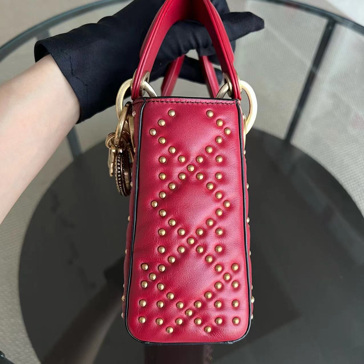 Dior Lady Mini - Valentine Studded Red Golden Hardware