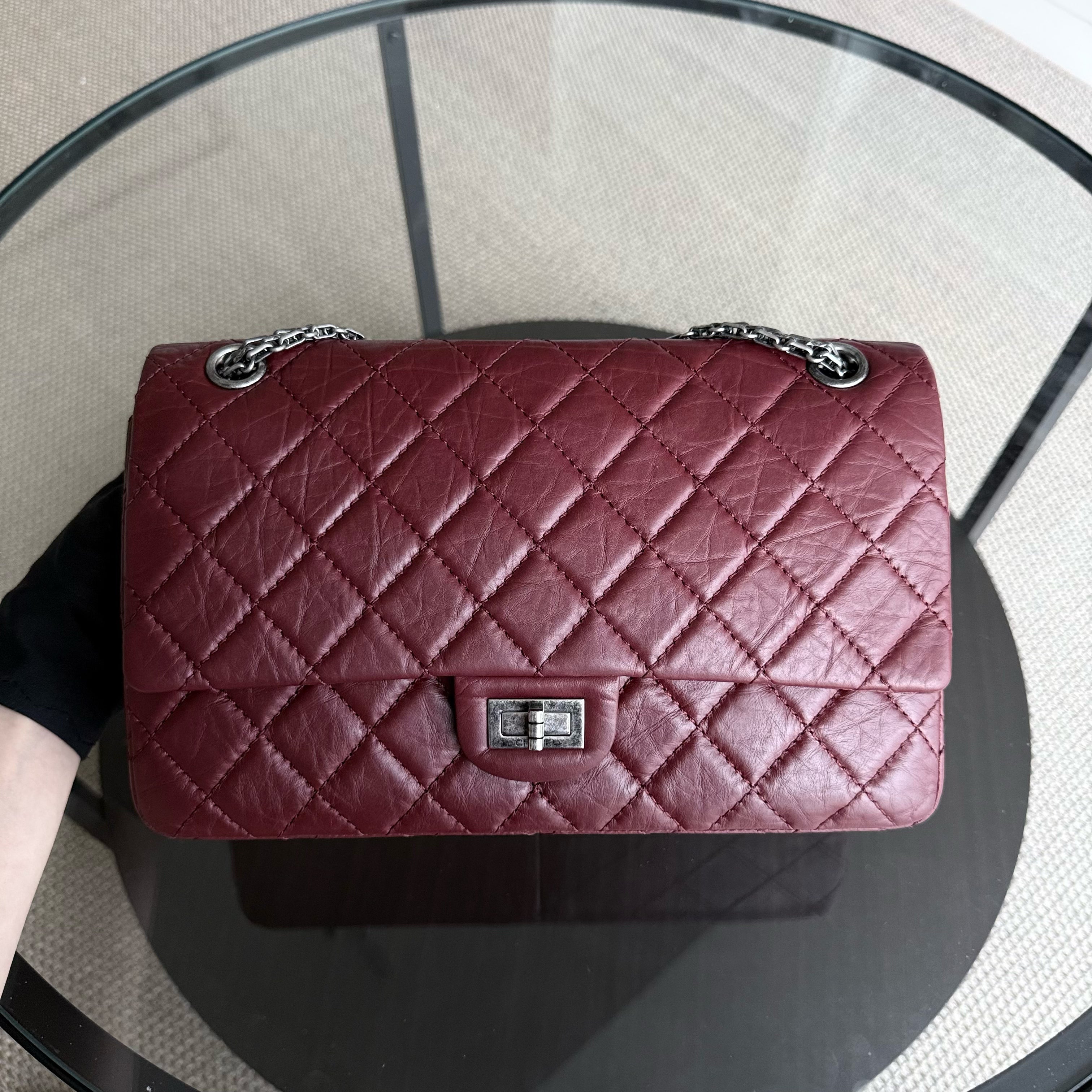 Chanel 2.55 Reissue 226 Medium - 28CM Quilted Aged Calfskin Burgundy Dark Red Ruthenium Silver Hardware Series 12