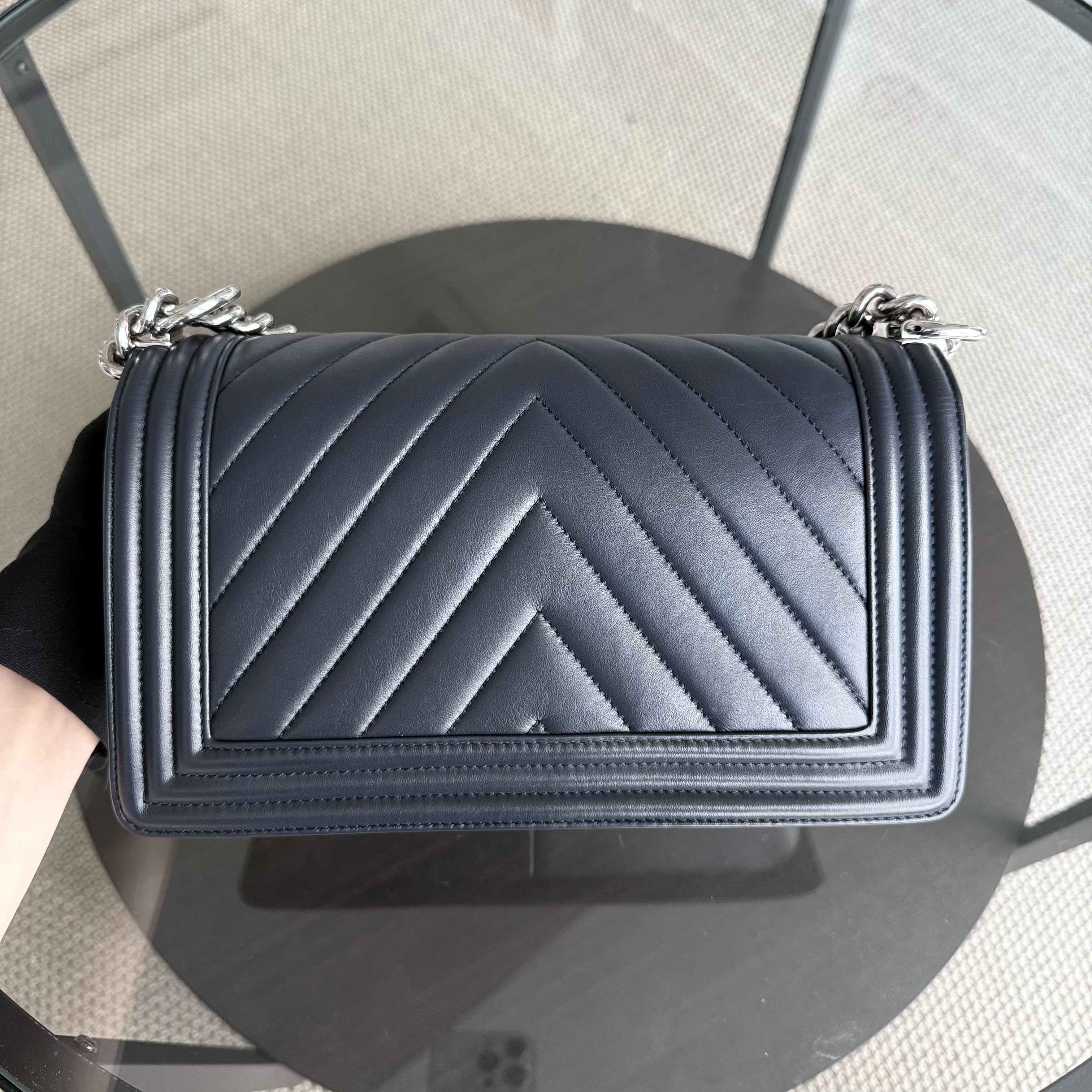 Chanel Boy Medium - 25CM Quilted Calfskin Dark Blue Silver Hardware Series 22