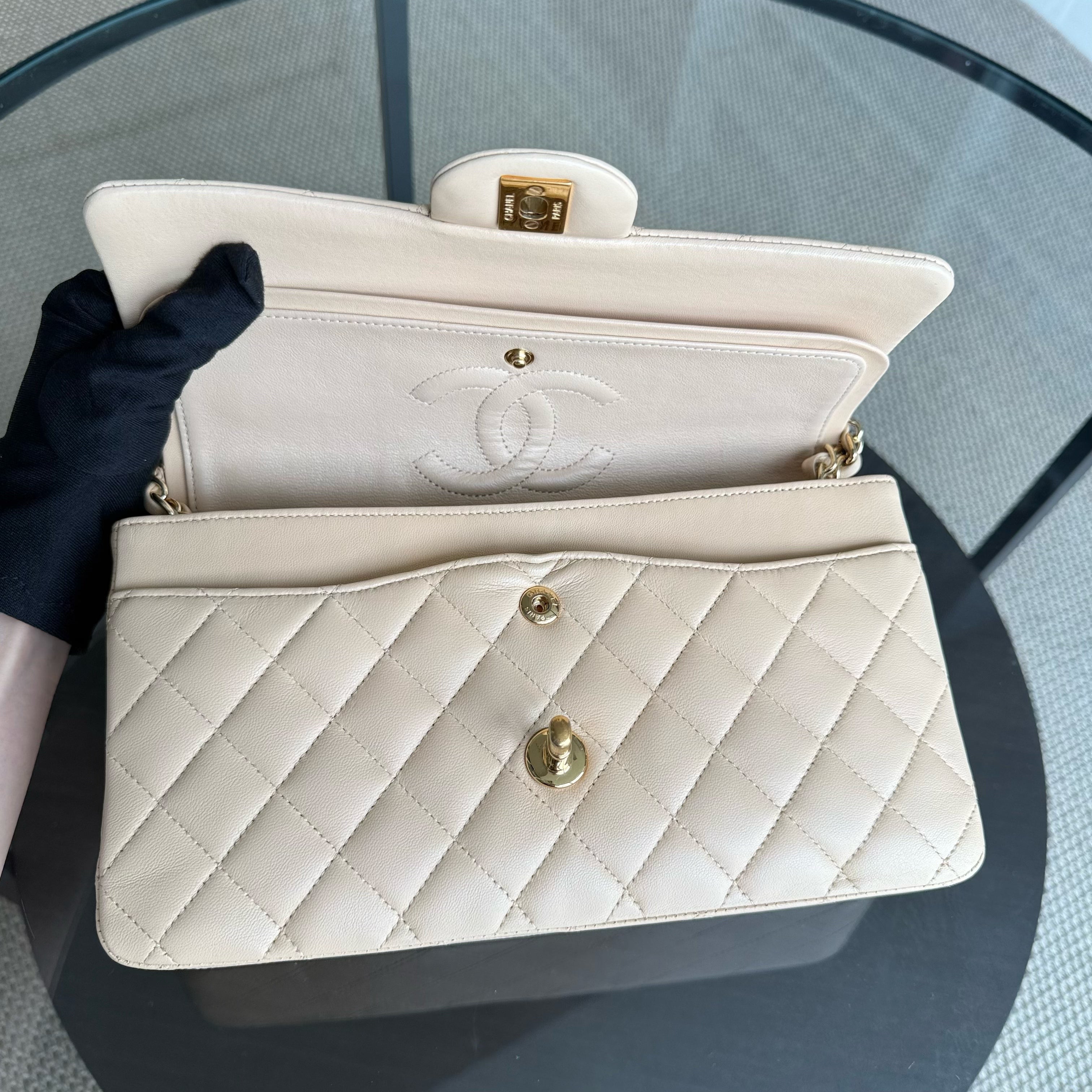 Chanel Classic Flap Medium - 25CM Quilted Lambskin Beige Gold Hardware Series 17