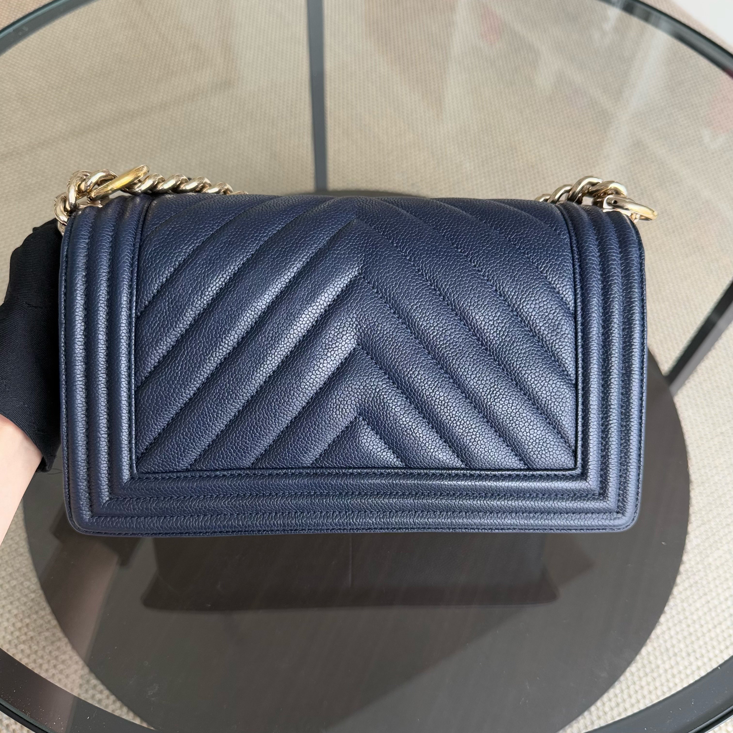 Chanel Boy Medium - Caviar 25CM Chevron Dark Navy Blue Gold Hardware Series 24