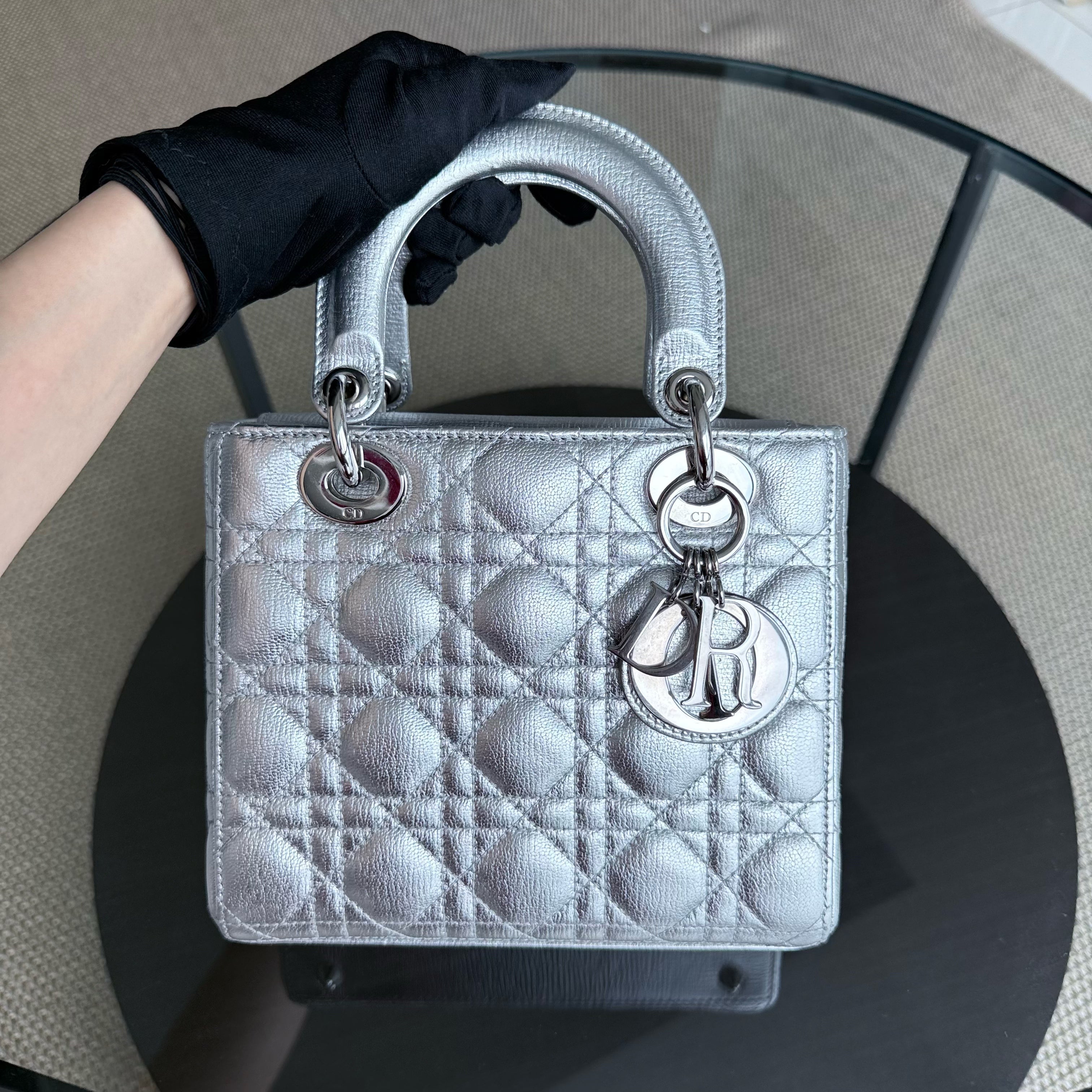 Dior Lady Small - Cannage Metallic Calfskin Silver Silver Hardware
