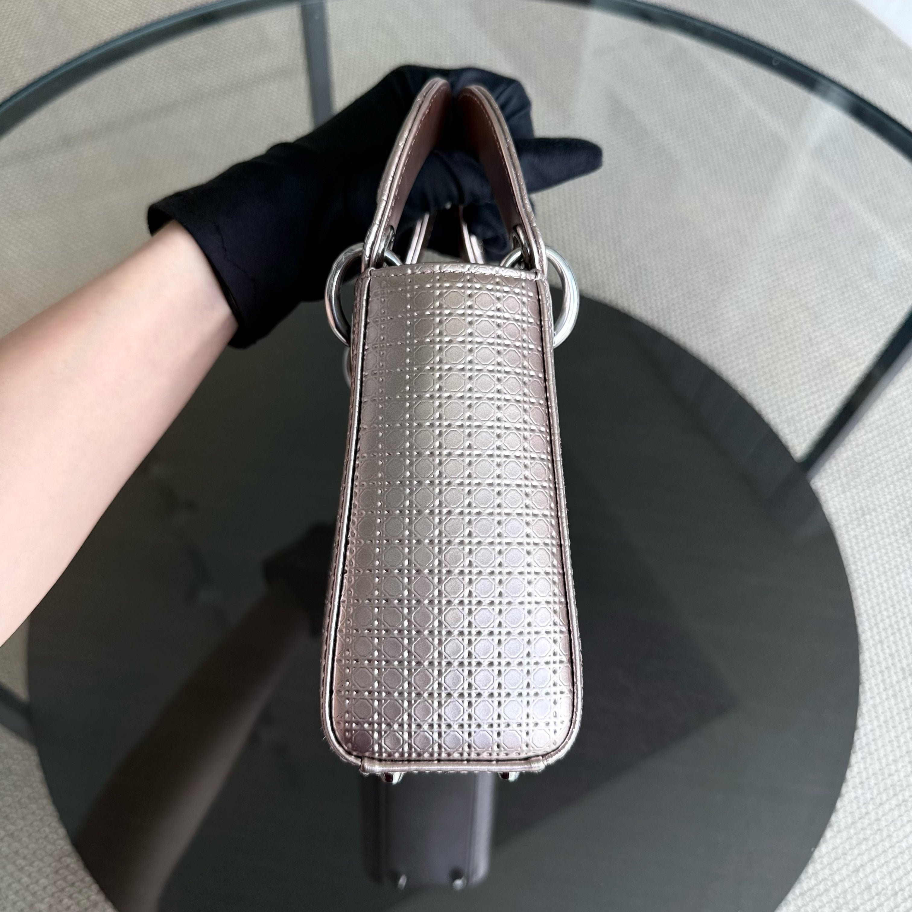 Dior Lady Mini - Micro Cannage Metallic Rose Gold Silver Hardware Adjustable Strap