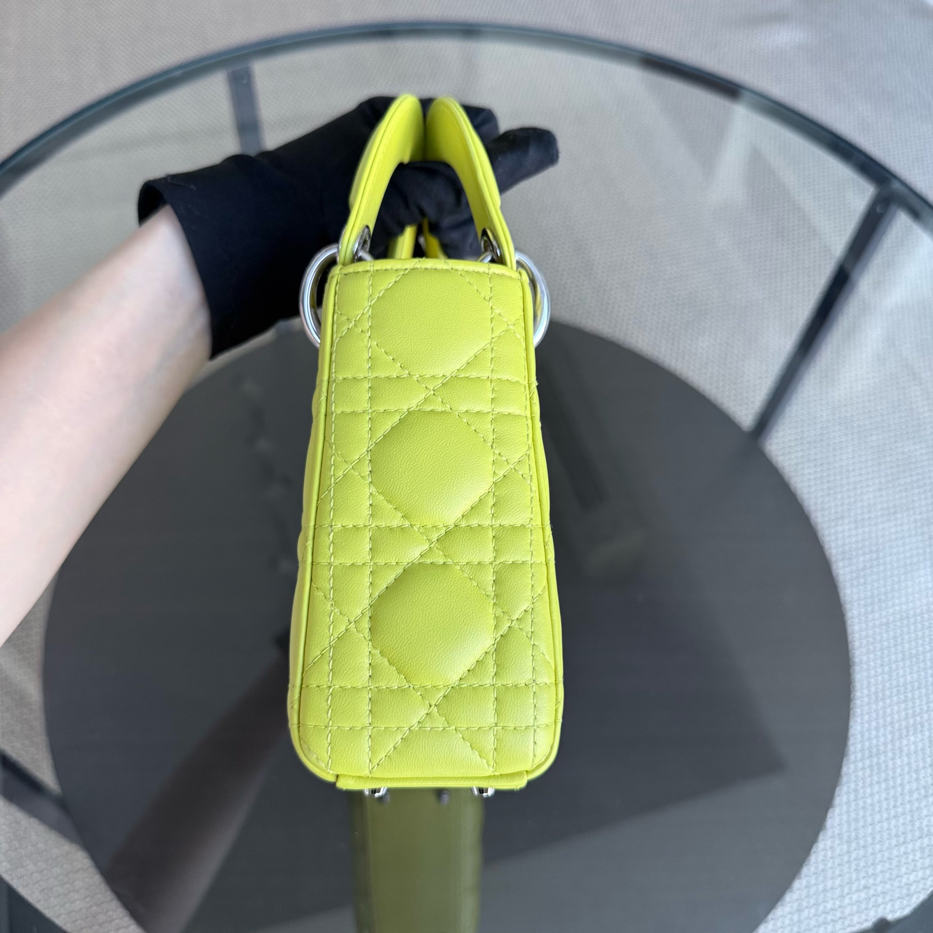 Dior Lady Mini - Cannage Lambskin Yellow Silver Hardware Adjustable Strap
