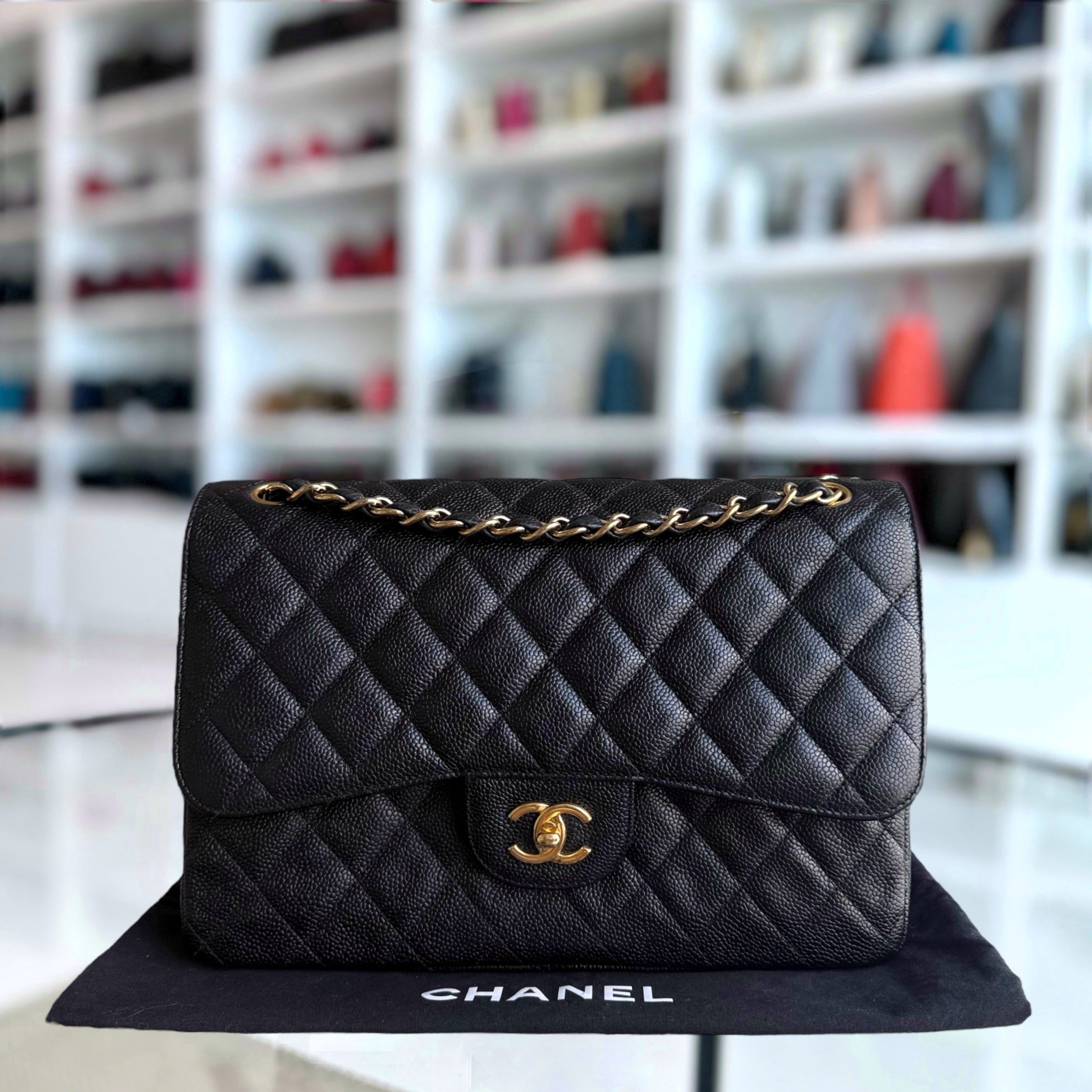 Chanel Classic Flap Jumbo - Caviar Double Flap 30CM Quilted Black Gold Hardware Series 15