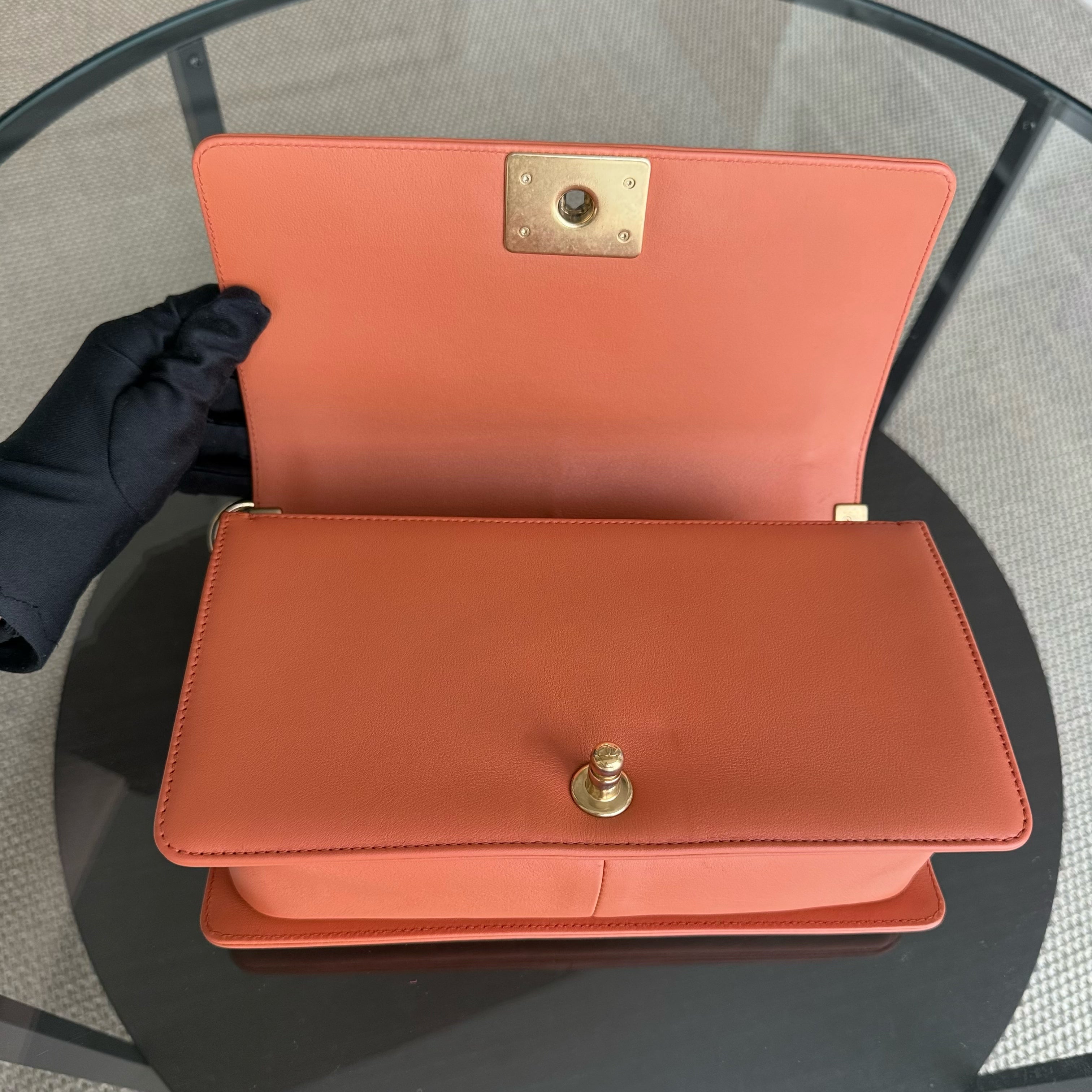 Chanel Boy Medium - 25CM Quilted Clafskin Caramel Aged Gold Hardware Series 20