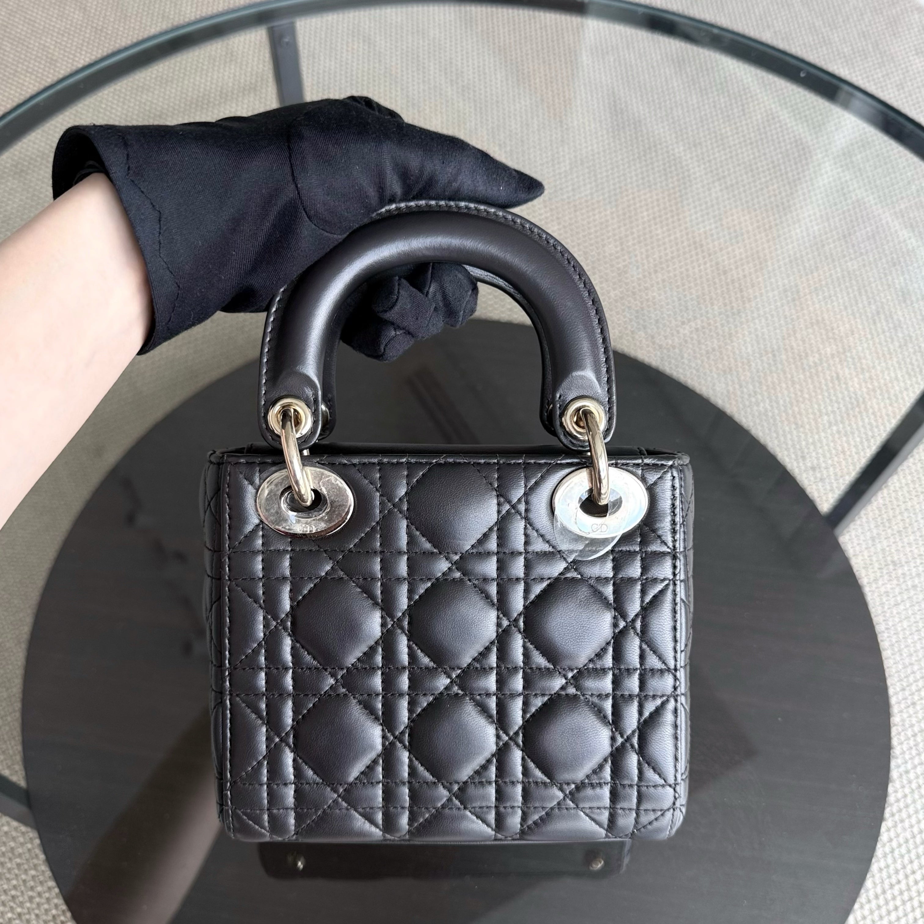 Dior Lady Mini - Cannage Lambskin Dark Grey Gray Gold Hardware Chain Strap