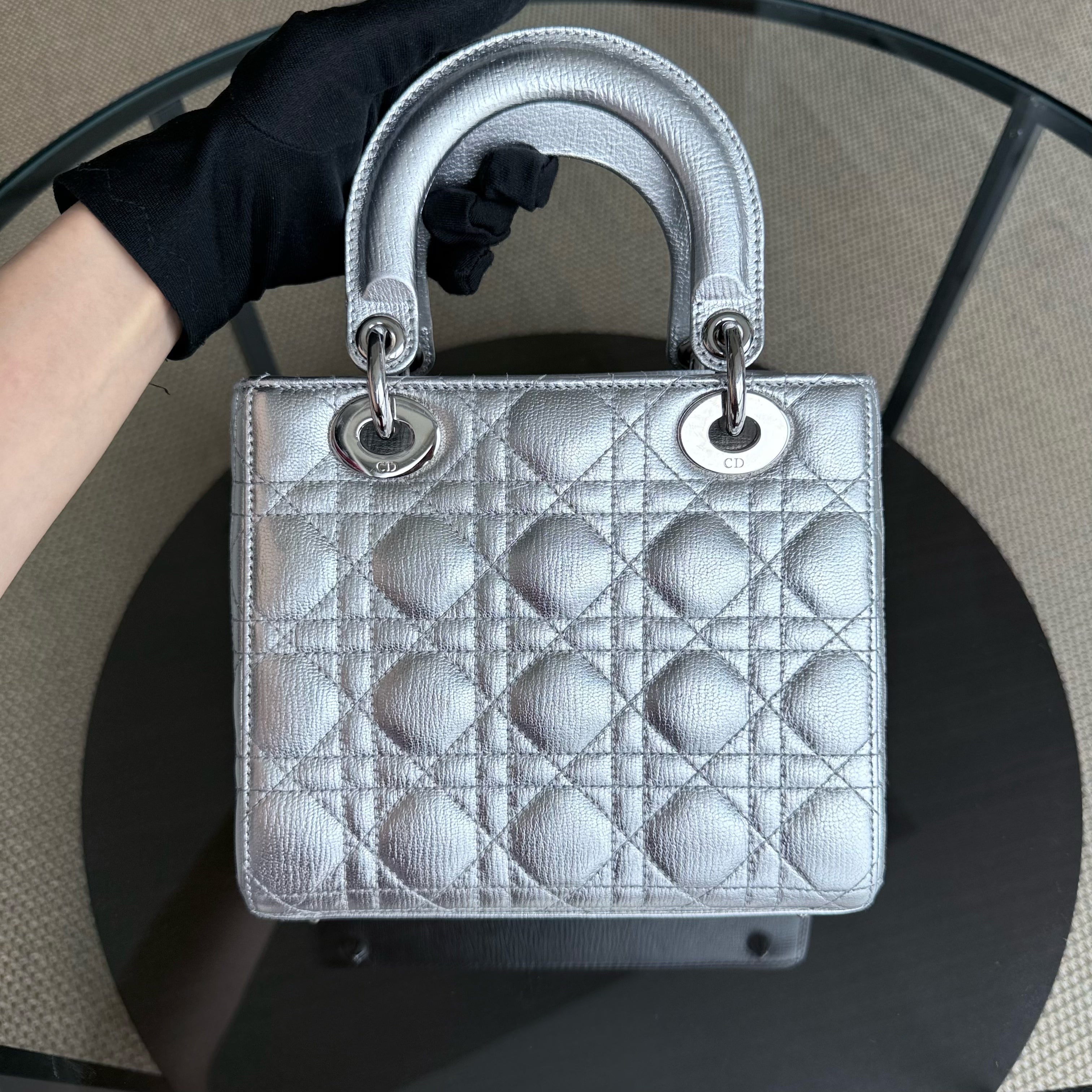 Dior Lady Small - Cannage Metallic Calfskin Silver Silver Hardware