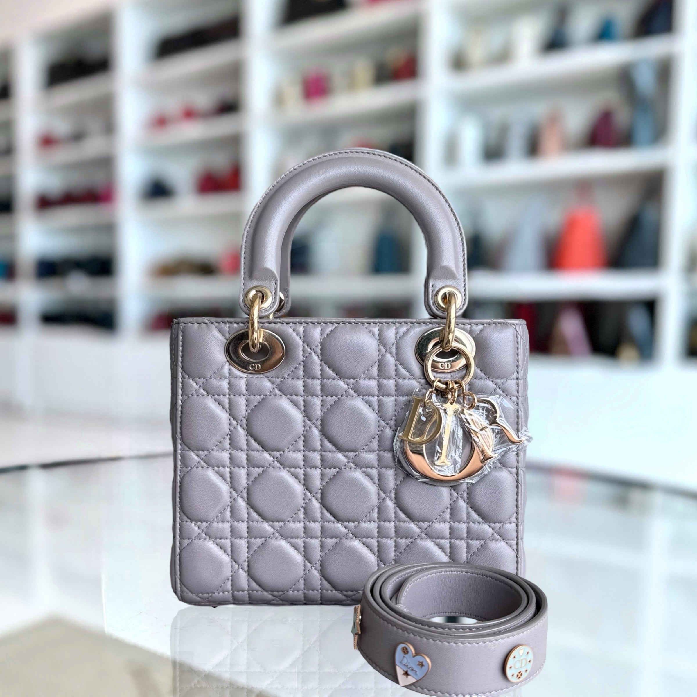 Dior Lady Small - Cannage Lambskin Grey Gray Gold Hardware
