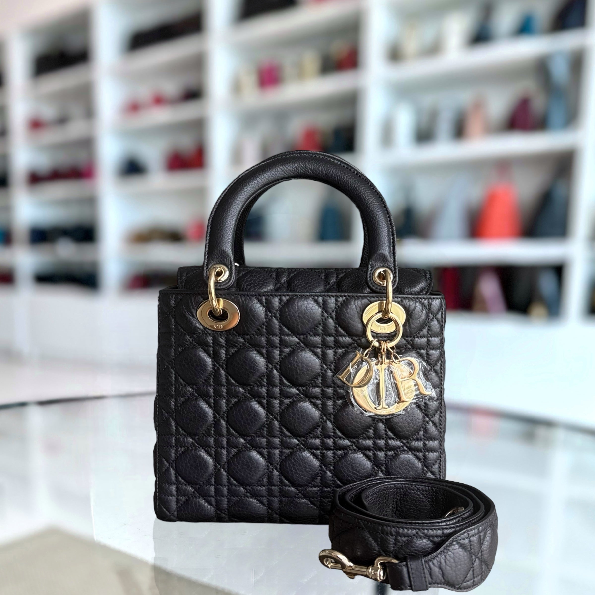 Dior Lady Medium Flap - Cannage Grained Calfskin Black Gold Hardware