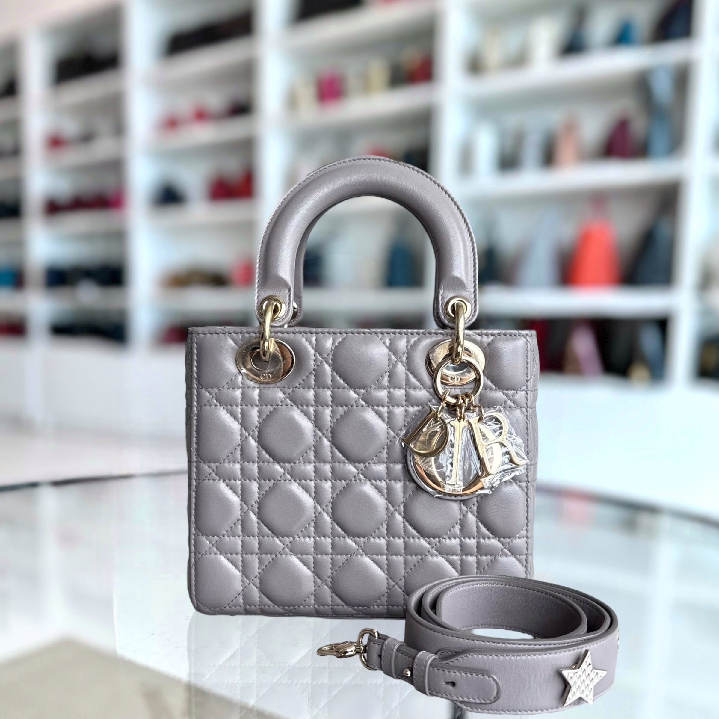 Dior Lady Small - Cannage Lambskin Grey Gray Gold Hardware