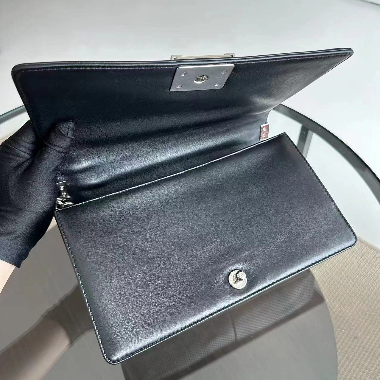 Chanel Boy Medium - 28CM Quilted Lambskin Perforated Black Silver Hardware Series 19