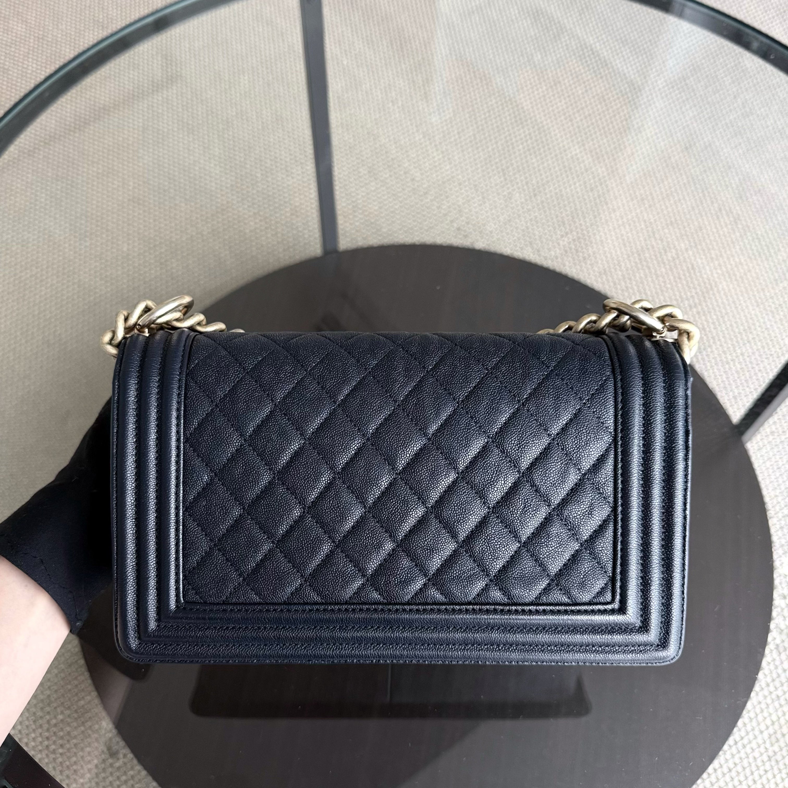 Chanel Boy Medium - Caviar 25CM Quilted Midnight Dark Blue Gold Hardware Series 27