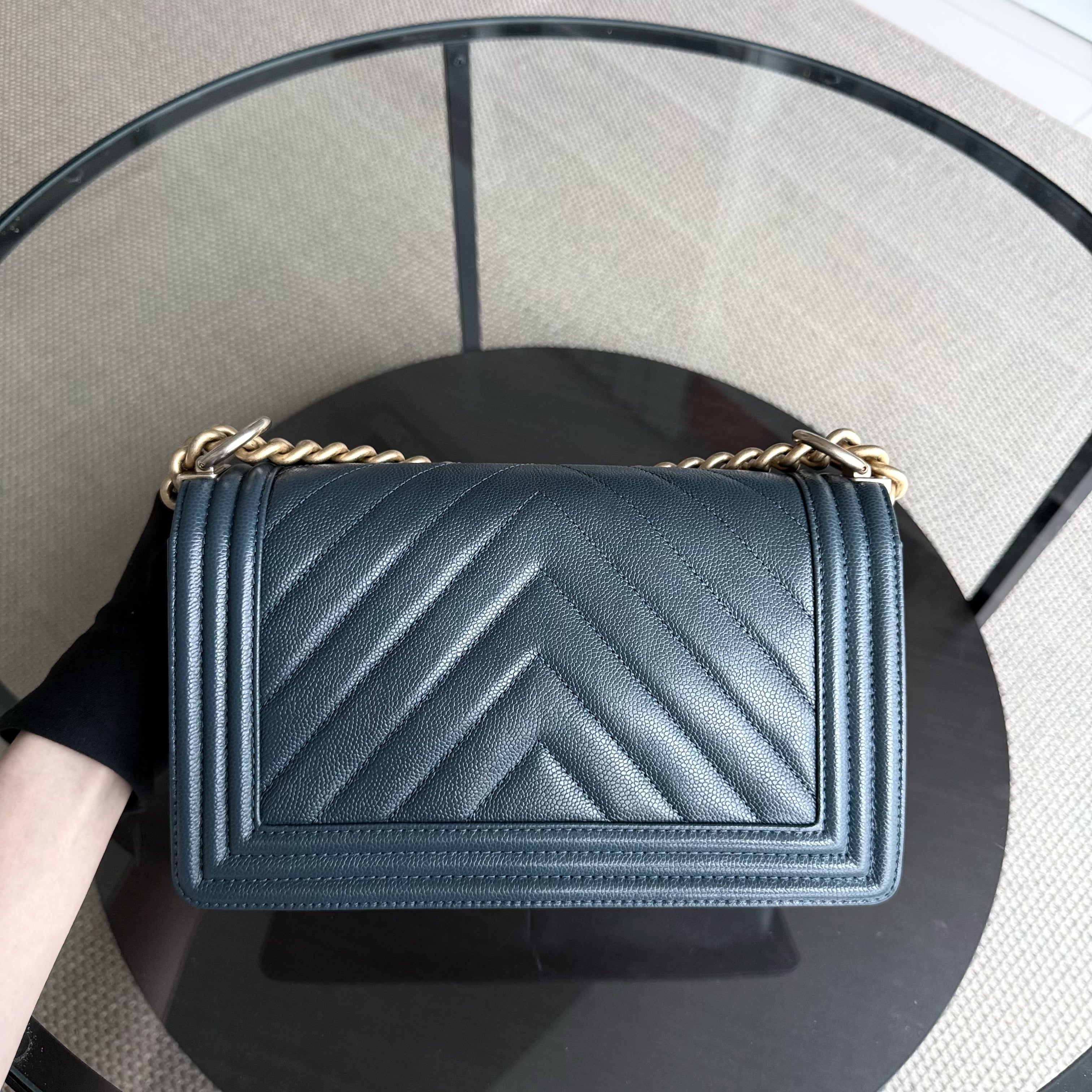 Chanel Boy Medium - Caviar 25CM Chevron Grained Calfskin Blue Gold Hardware Series 25
