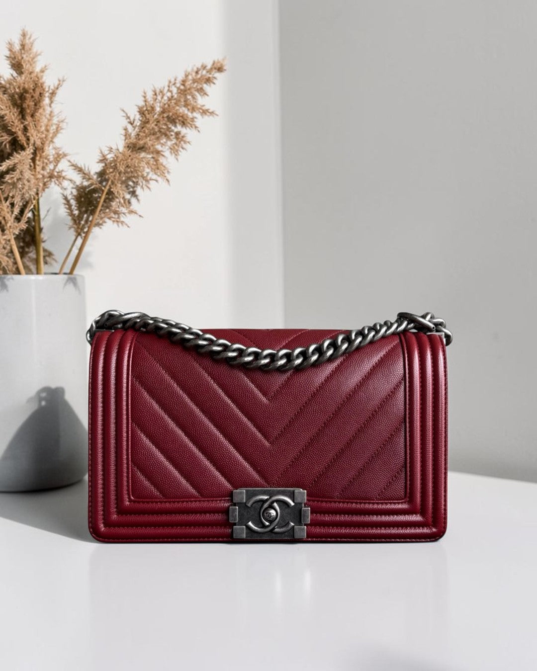 Chanel Boy Medium - Caviar 25CM Chevron Burgundy Dark Red Ruthenium Silver Hardware Series 24