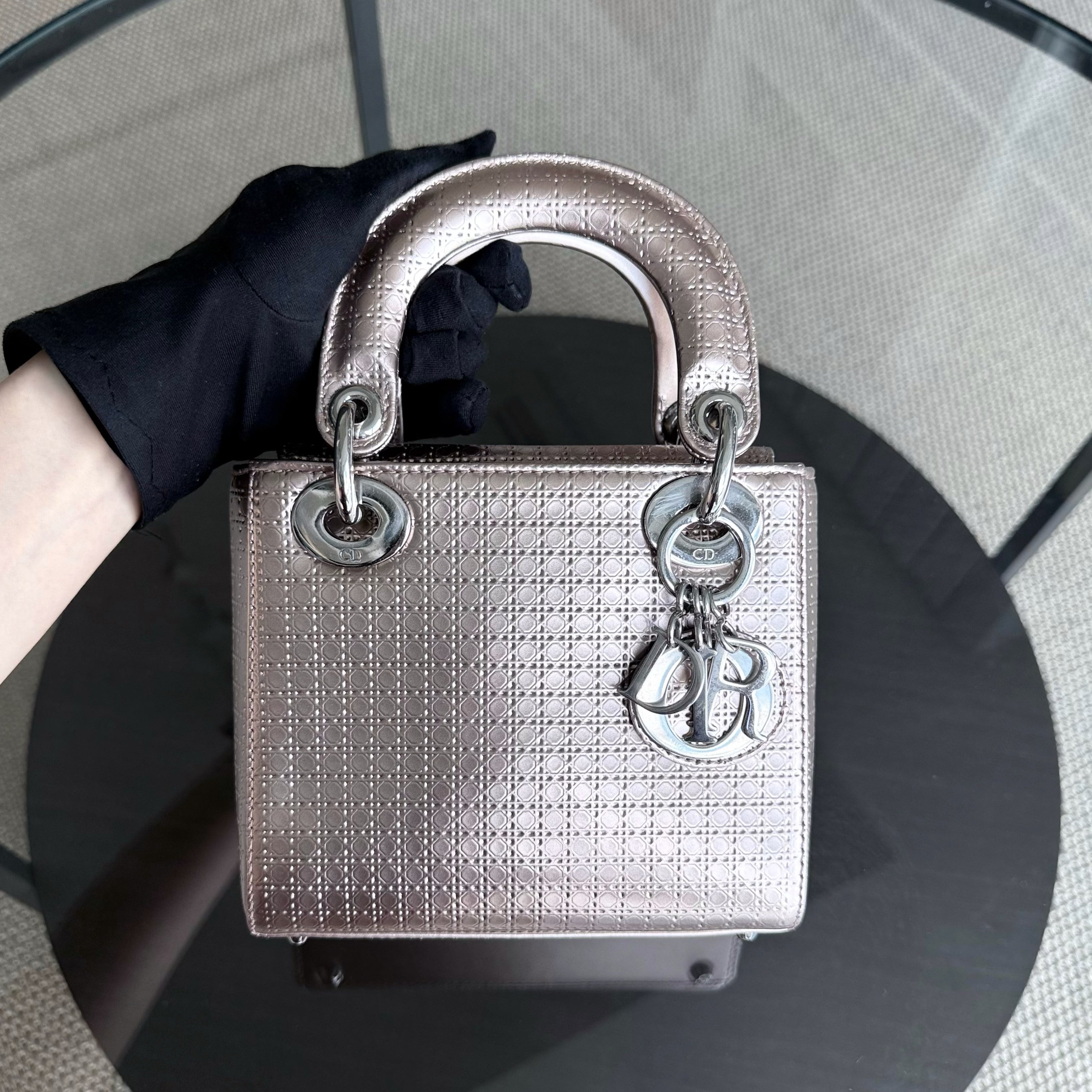Dior Lady Mini - Micro Cannage Metallic Rose Gold Silver Hardware Adjustable Strap