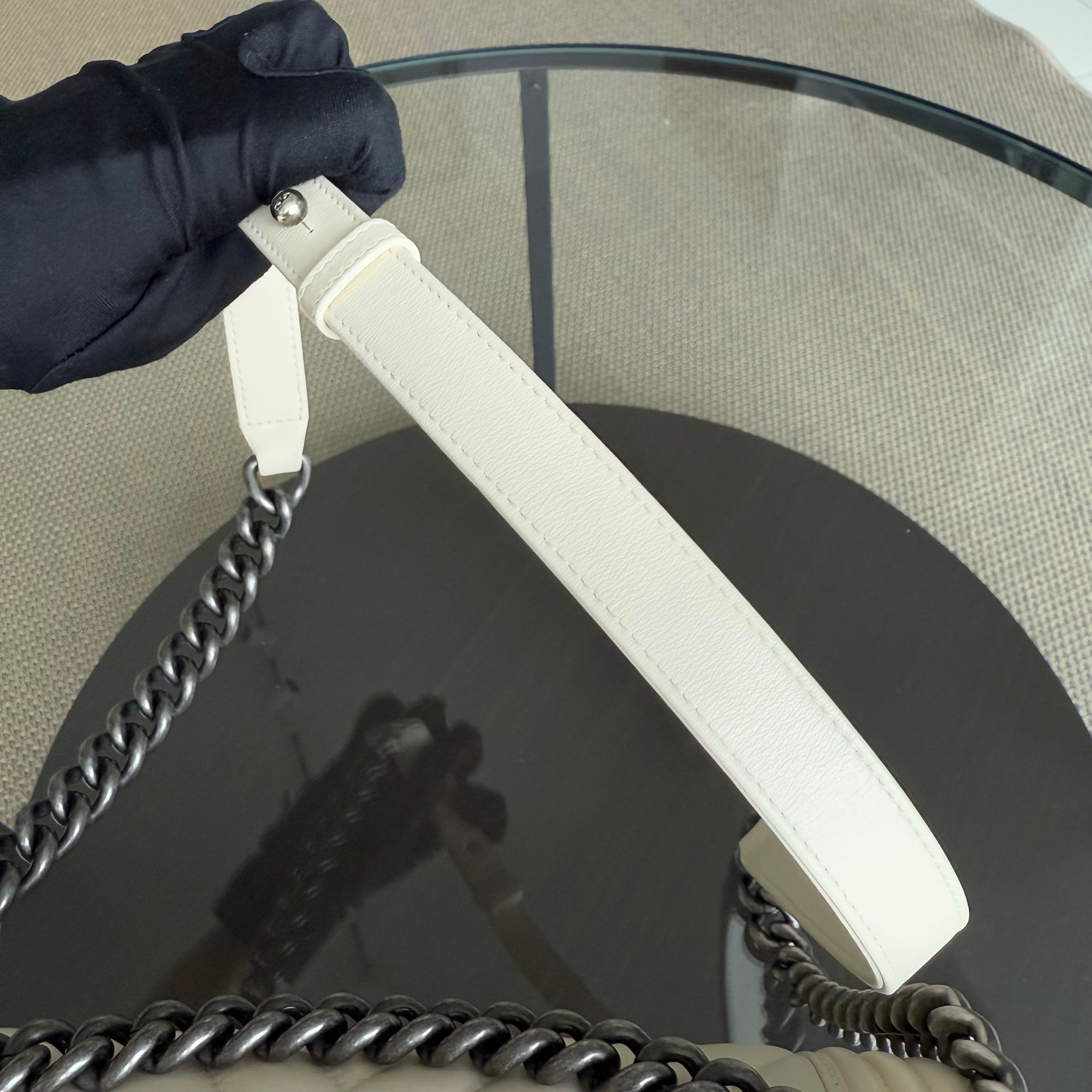 Chanel Boy Medium - 25CM Chevron Calfskin Cream White Ruthenium Silver Hardware Series 20