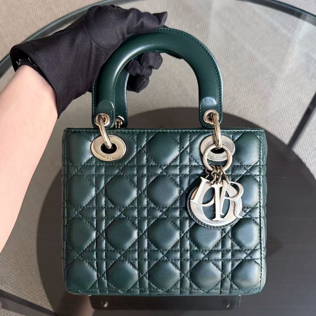 Dior Lady Small - Cannage Lambskin Dark Green Gold hardware