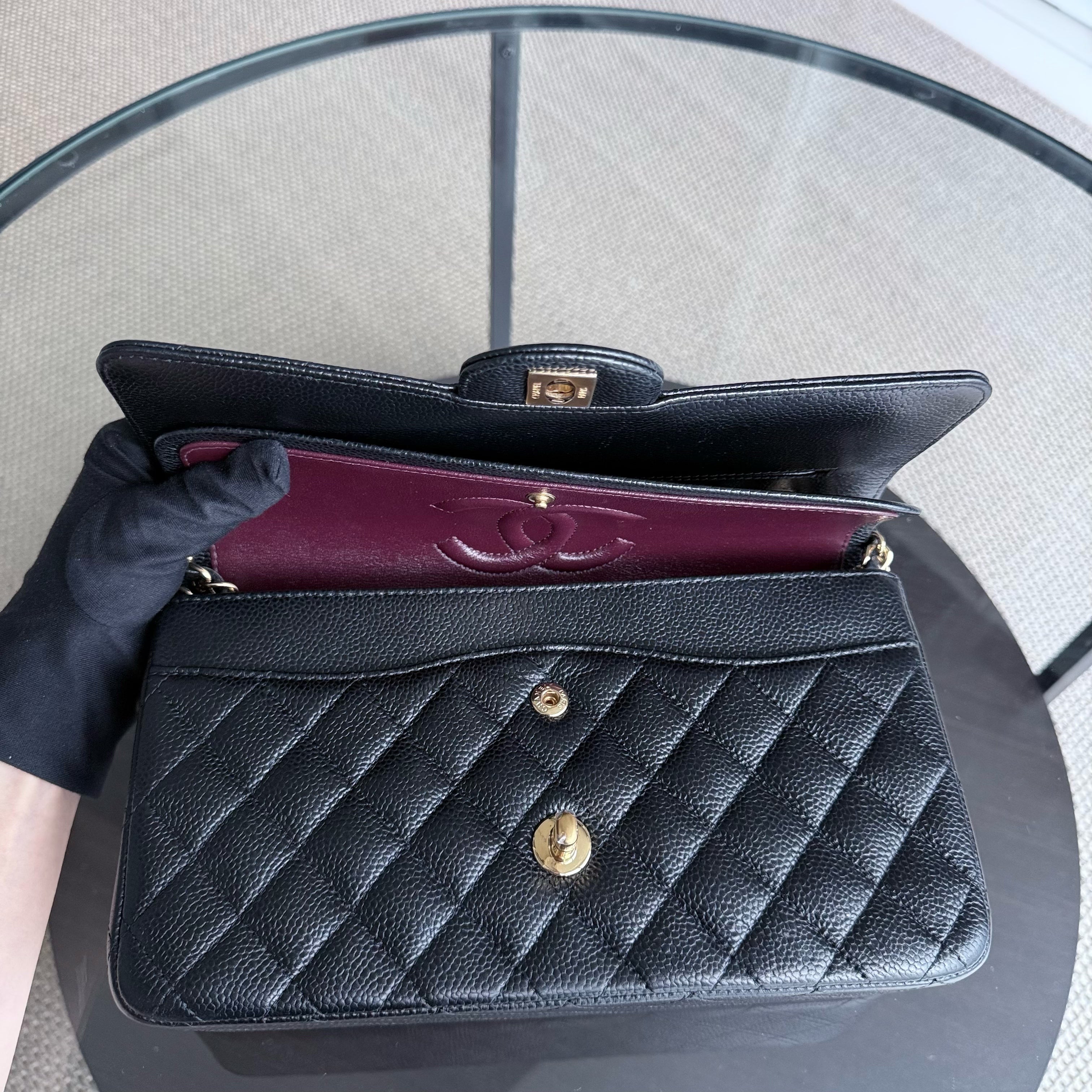 Chanel Classic Flap Medium - Caviar 25CM Quilted Grained Calfskin Black Gold Hardware Series 25