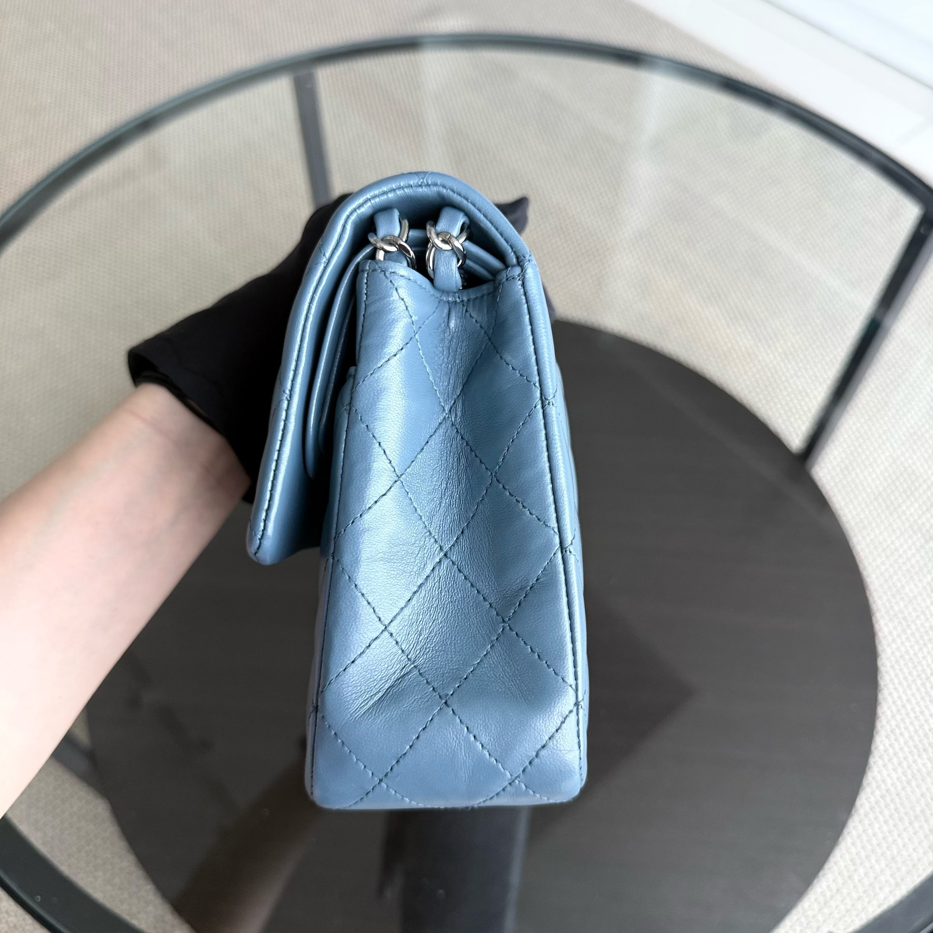 Chanel Classic Flap Medium - 25CM Quilted Lambskin Haze Blue Silver Hardware & Balance of Chanel PST RED