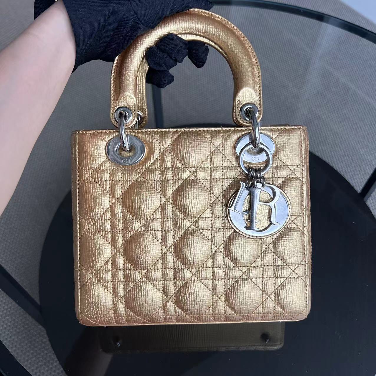 Dior Lady Small - Metallic Gold Cannage Calfskin Silver Hardware