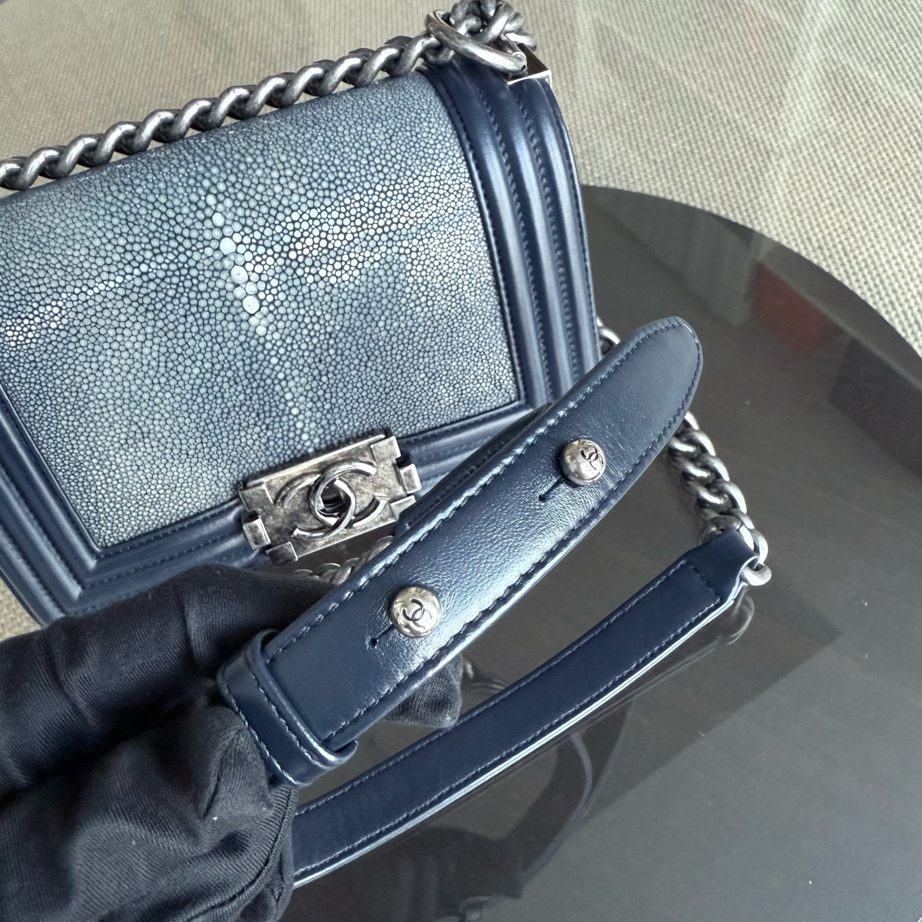 Chanel Boy Small - Small Galuchat Stingray Blue Ruthenium Silver Hardware Series 20