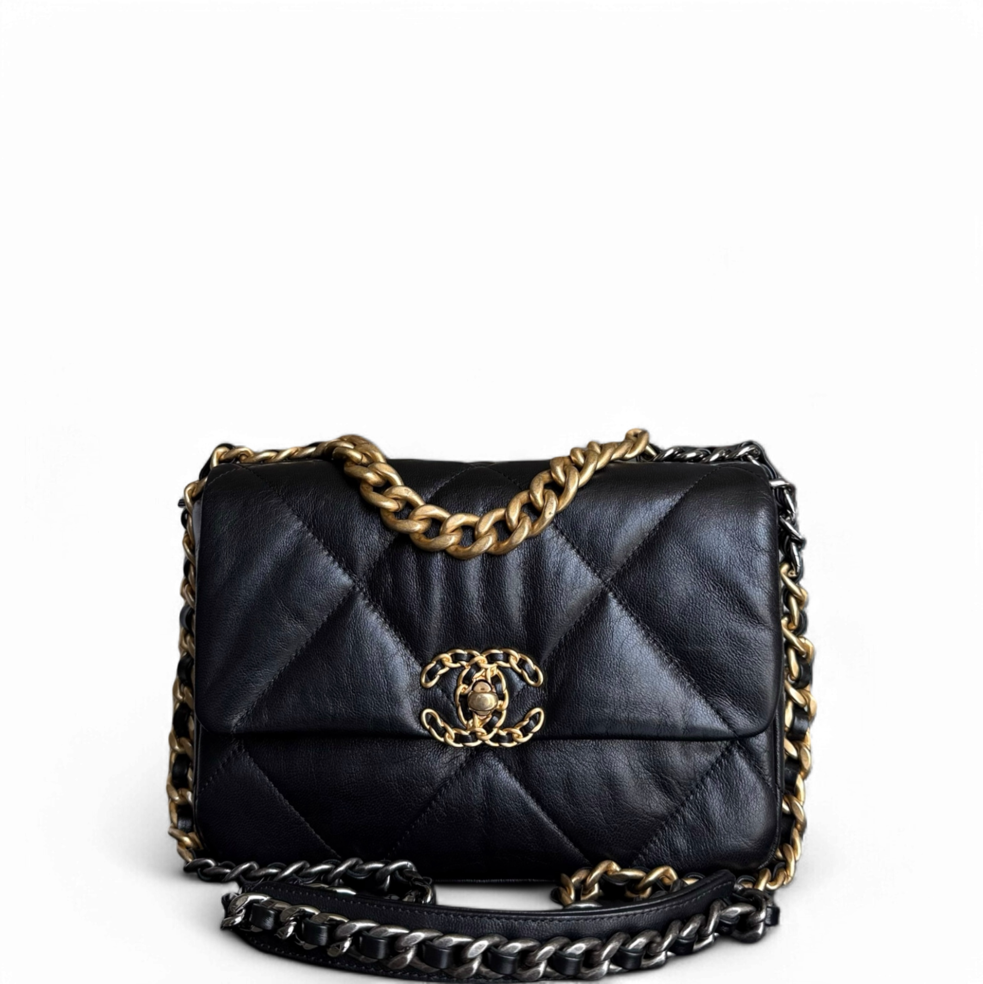 Chanel 19 Bag C19 Small - Quilted Goatskin Black Gold Two-tone Hardware Series 30