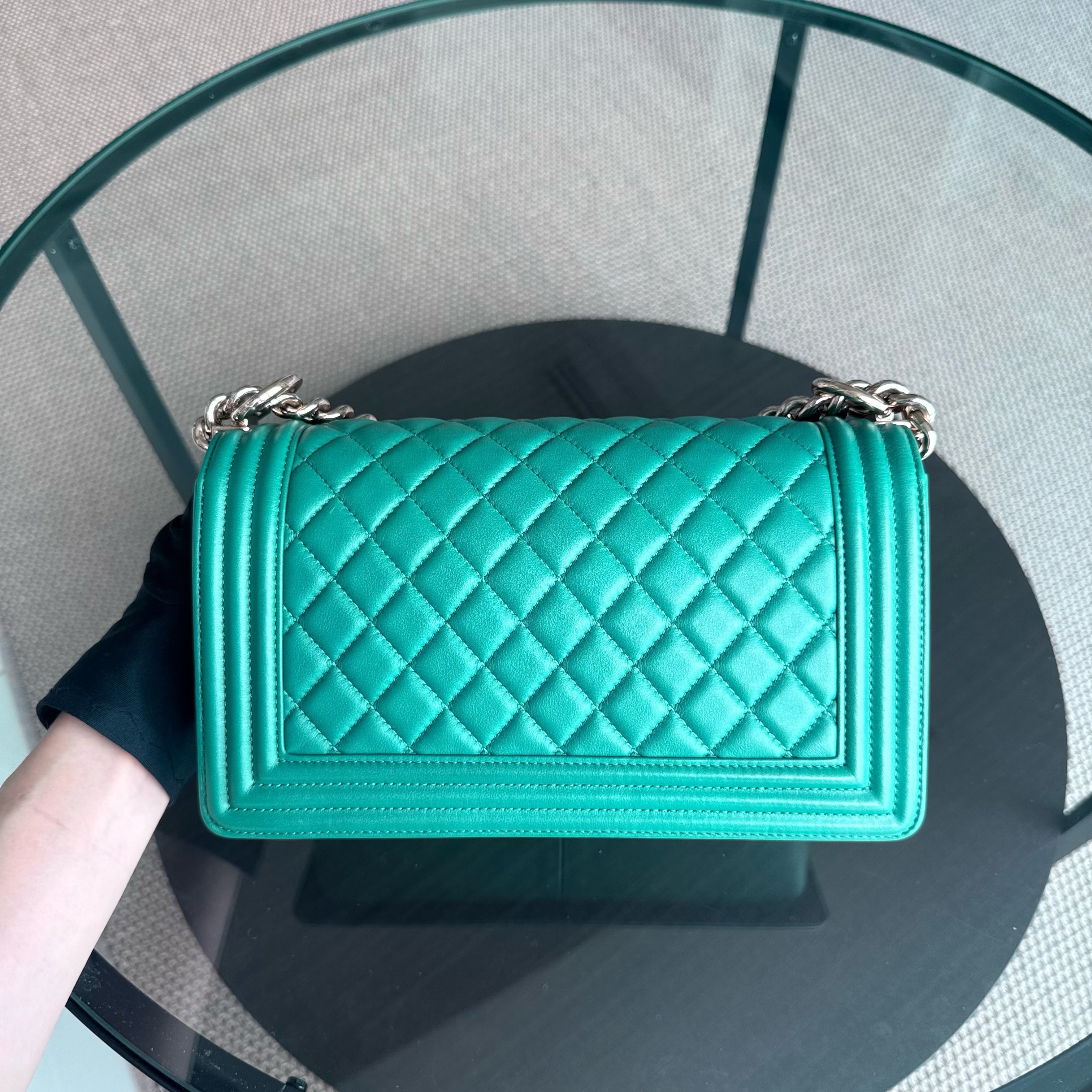 Chanel Boy Medium - 25CM Quilted Lambskin Green Gold Hardware Series 28