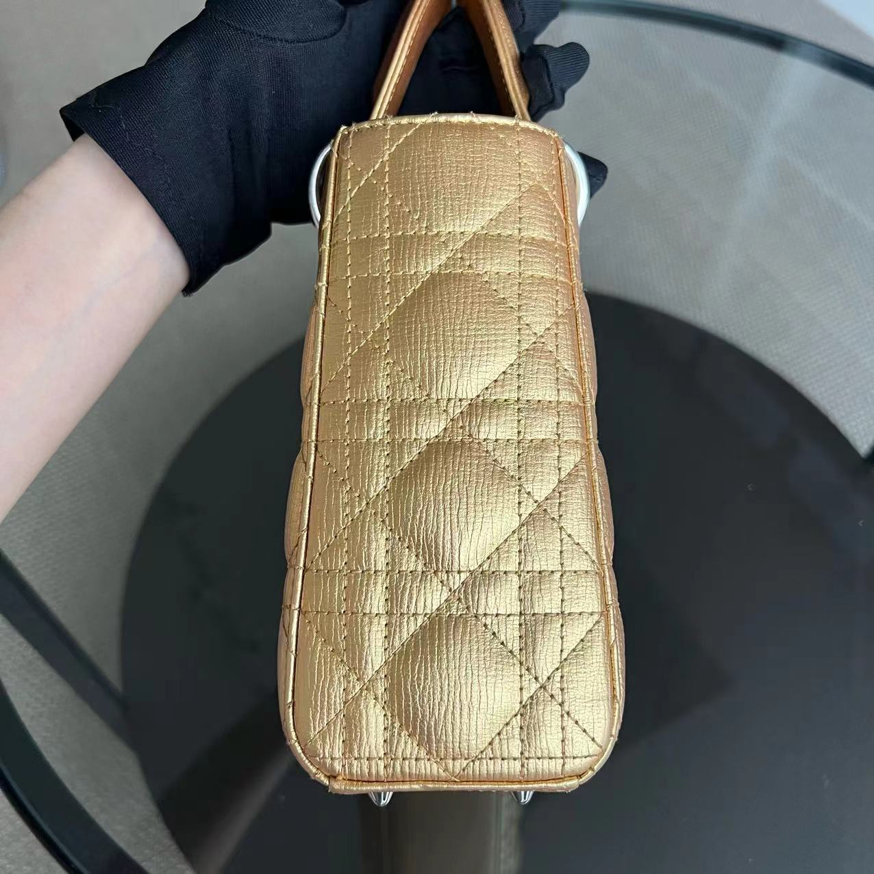 Dior Lady Small - Metallic Gold Cannage Calfskin Silver Hardware