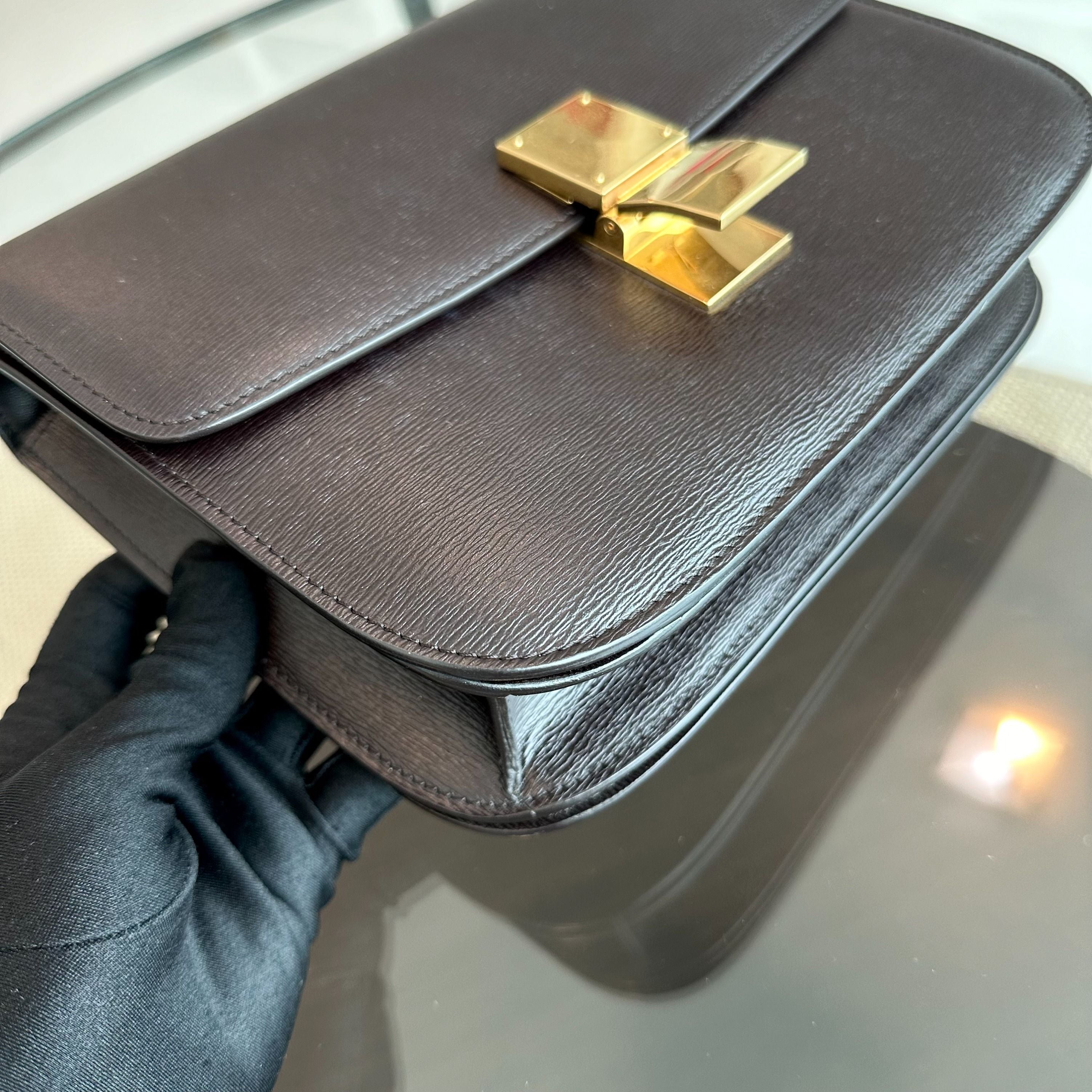 Celine Classic Box Medium Liege Calfskin Dark Brown GHW - Luxury Evermore