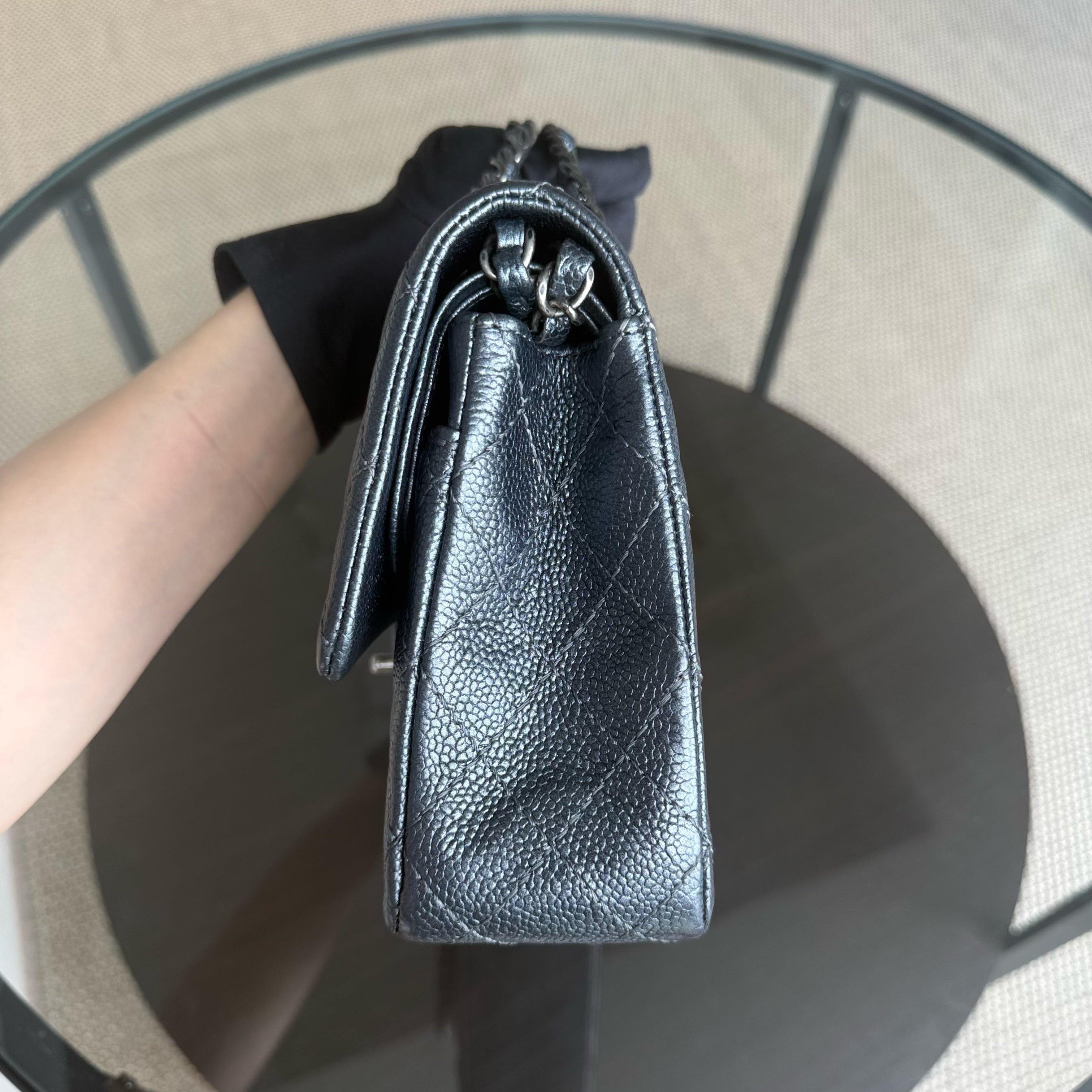 Chanel Classic Flap Medium - Caviar 25CM Quilted Grained Calfskin Iridescent Charcoal Dark Grey Gray Ruthenium Silver Hardware Series 20