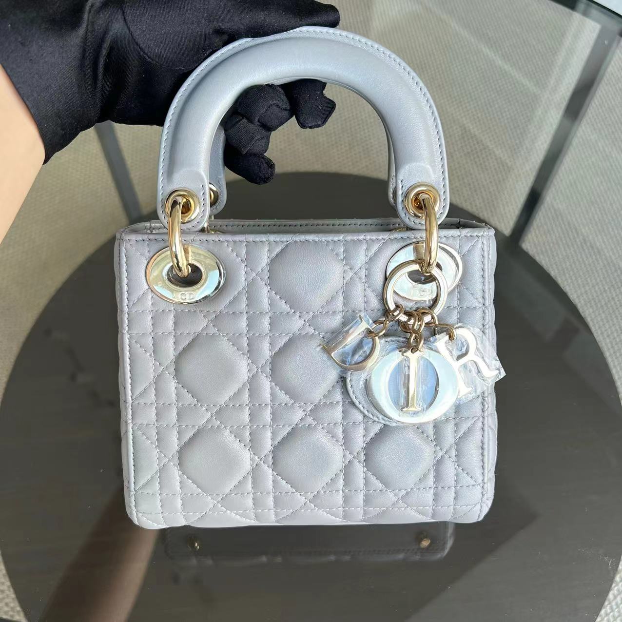 *Chain Strap* Dior Lady Mini Cannage Lambskin Light Grey Gray Golden Hardware - Luxury Evermore