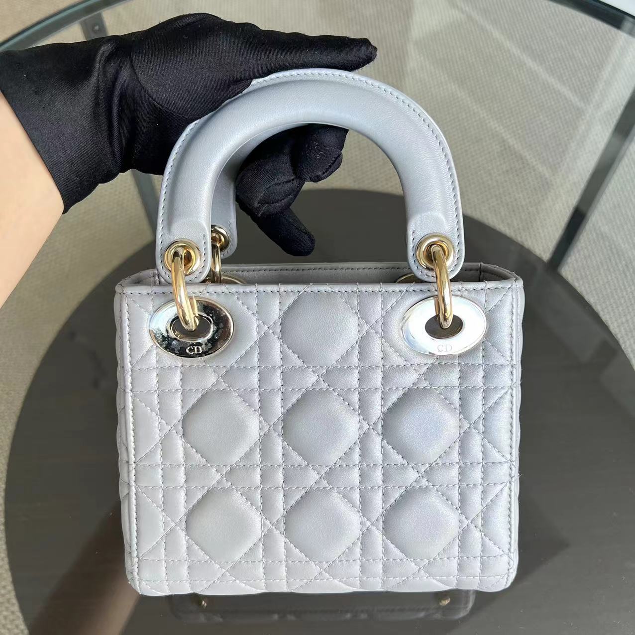 *Chain Strap* Dior Lady Mini Cannage Lambskin Light Grey Gray Golden Hardware - Luxury Evermore