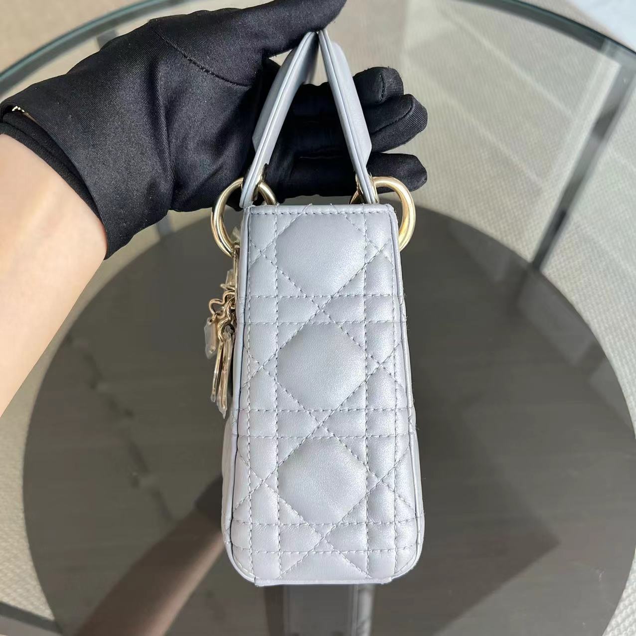 *Chain Strap* Dior Lady Mini Cannage Lambskin Light Grey Gray Golden Hardware - Luxury Evermore
