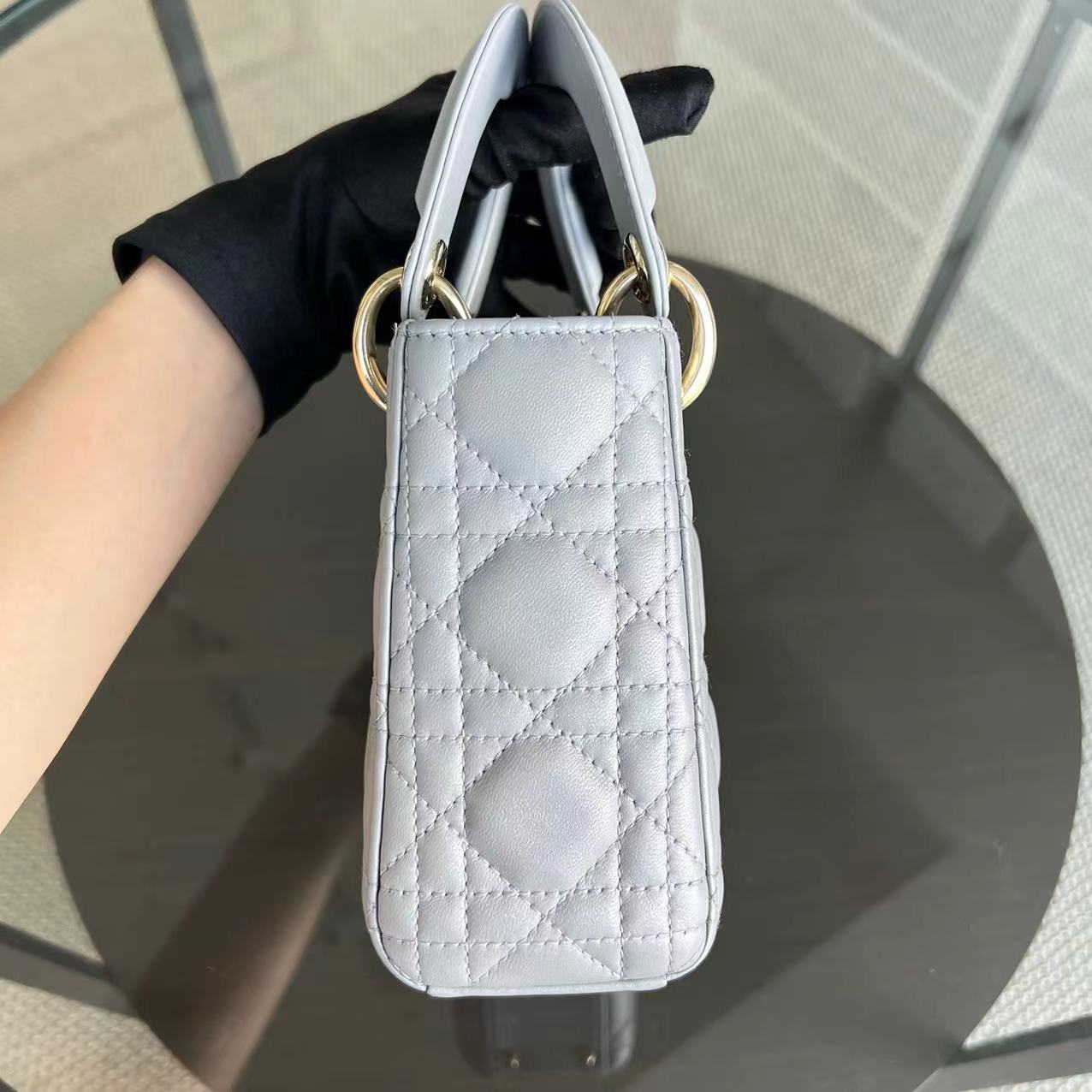 *Chain Strap* Dior Lady Mini Cannage Lambskin Light Grey Gray Golden Hardware - Luxury Evermore