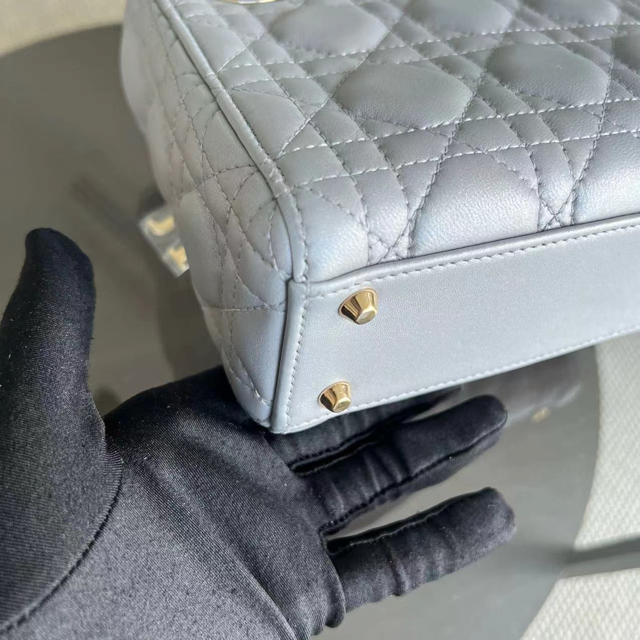 *Chain Strap* Dior Lady Mini Cannage Lambskin Light Grey Gray Golden Hardware - Luxury Evermore