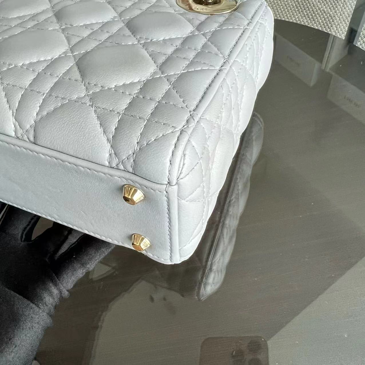 *Chain Strap* Dior Lady Mini Cannage Lambskin Light Grey Gray Golden Hardware - Luxury Evermore