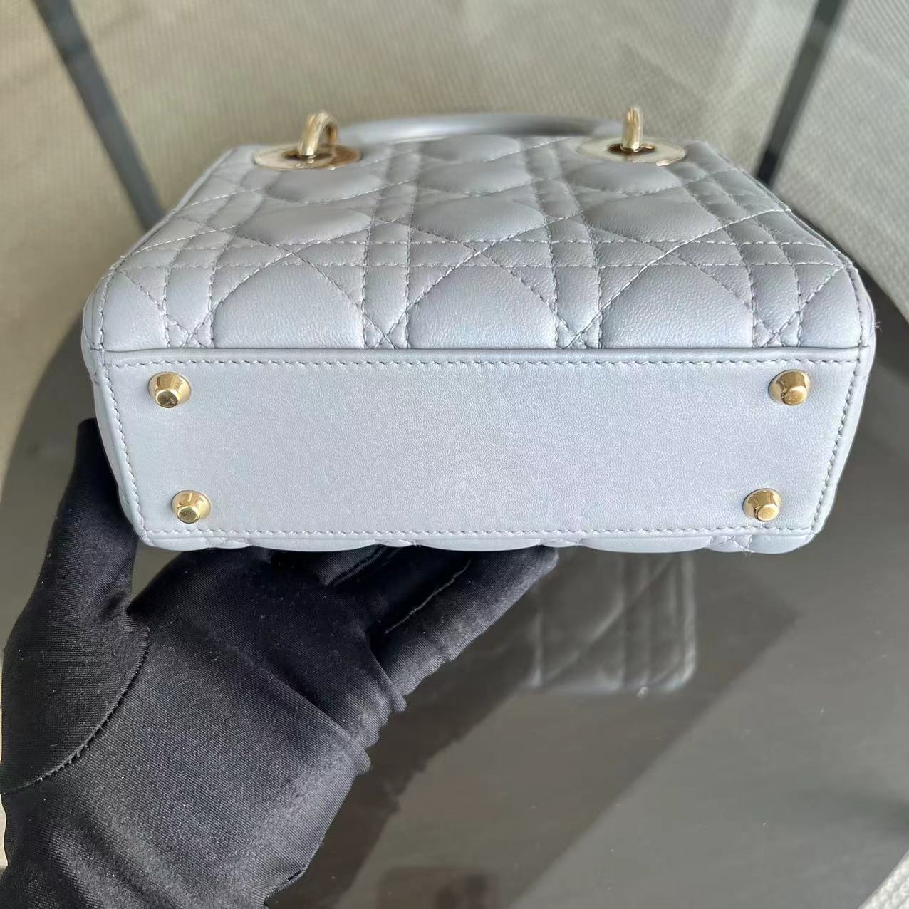 *Chain Strap* Dior Lady Mini Cannage Lambskin Light Grey Gray Golden Hardware - Luxury Evermore