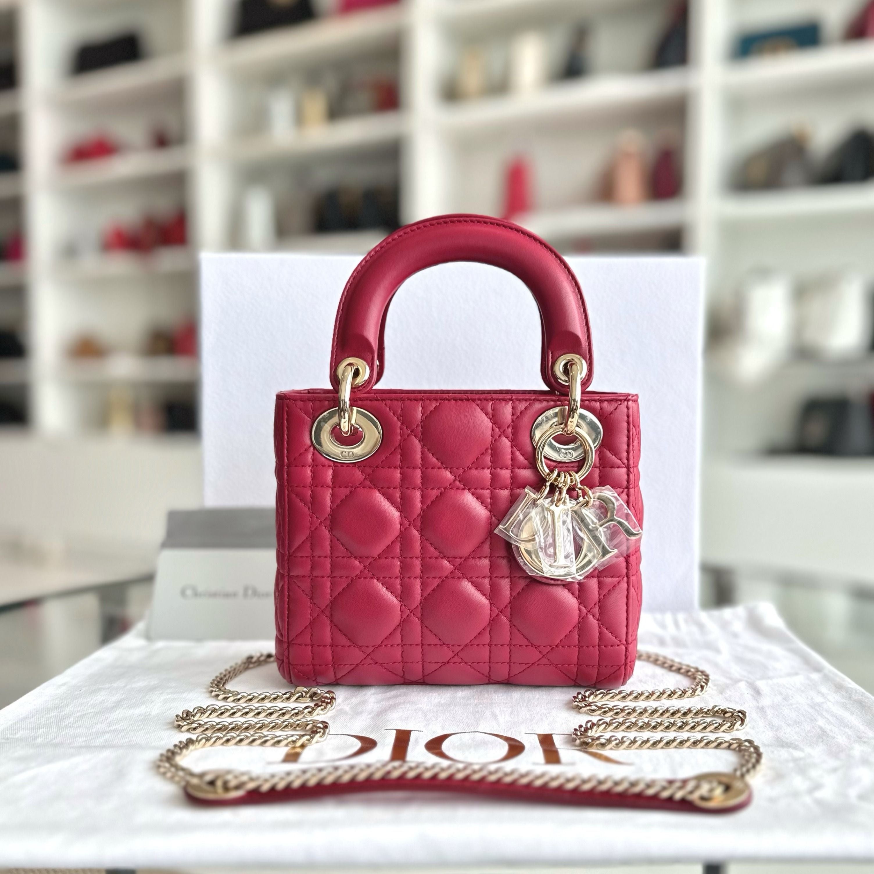 *Chain Strap* Dior Lady Mini Lambskin Cannage Burgundy GHW - Luxury Evermore
