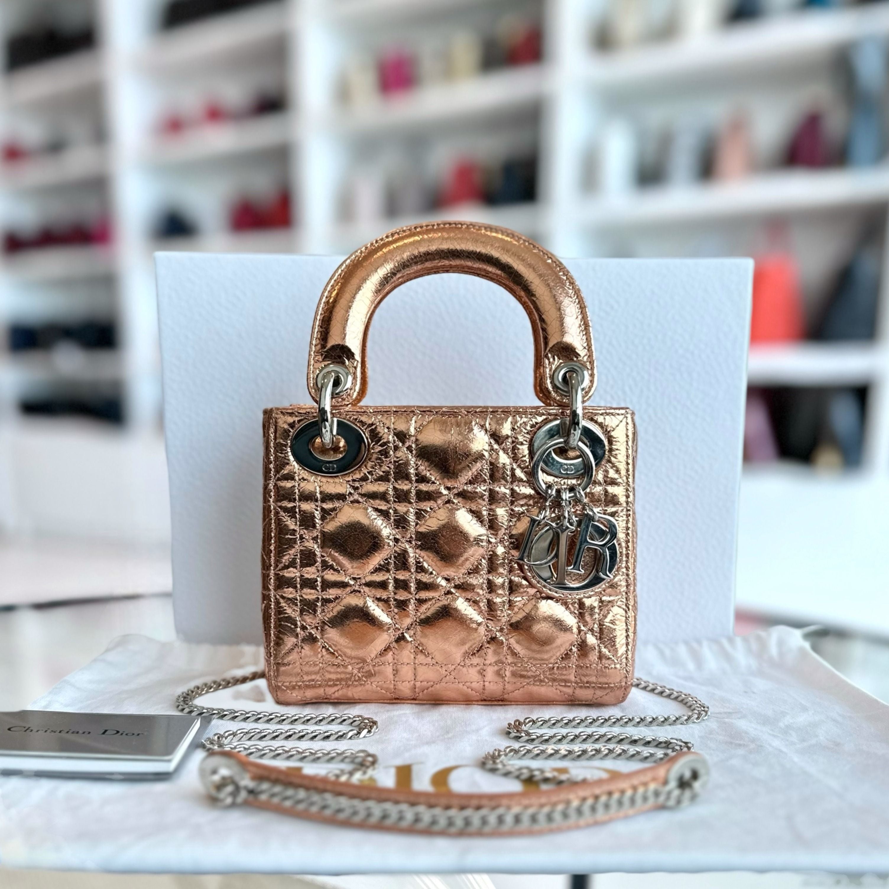 *Chain Strap* Dior Lady Mini Metallic Cannage Rose Gold SHW - Luxury Evermore