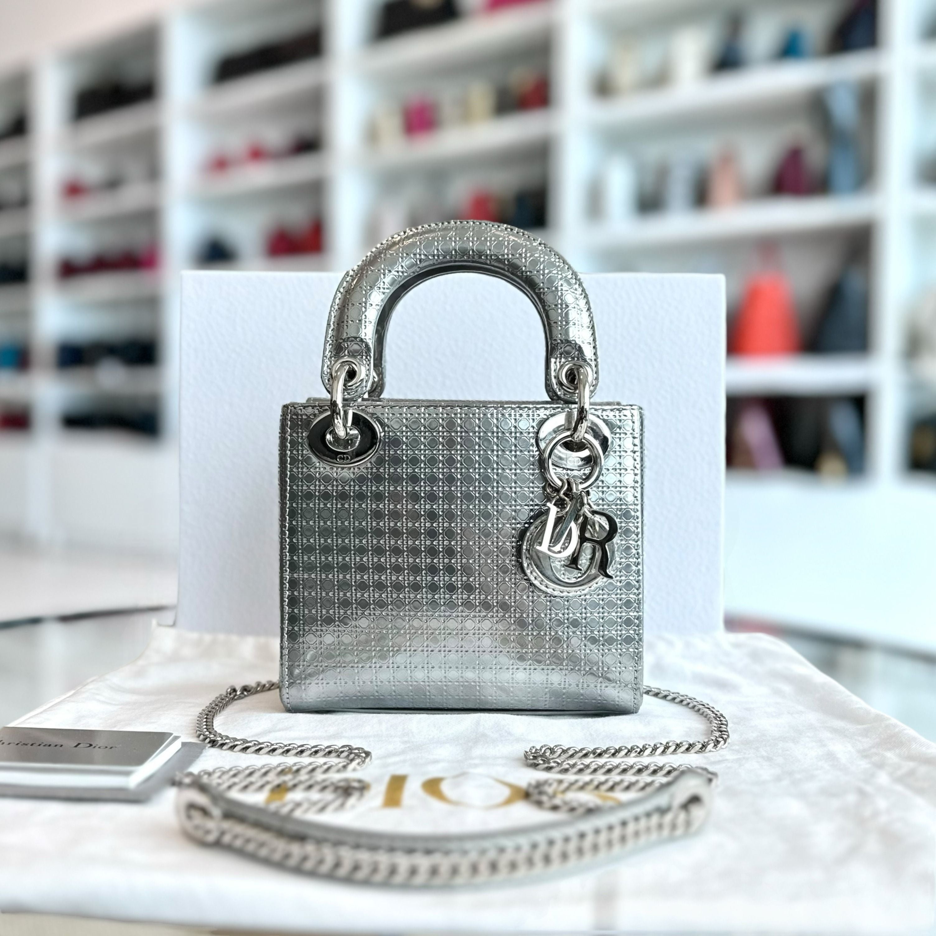 *Chain Strap* Dior Lady Mini Metallic Silver Micro-Cannage SHW - Luxury Evermore