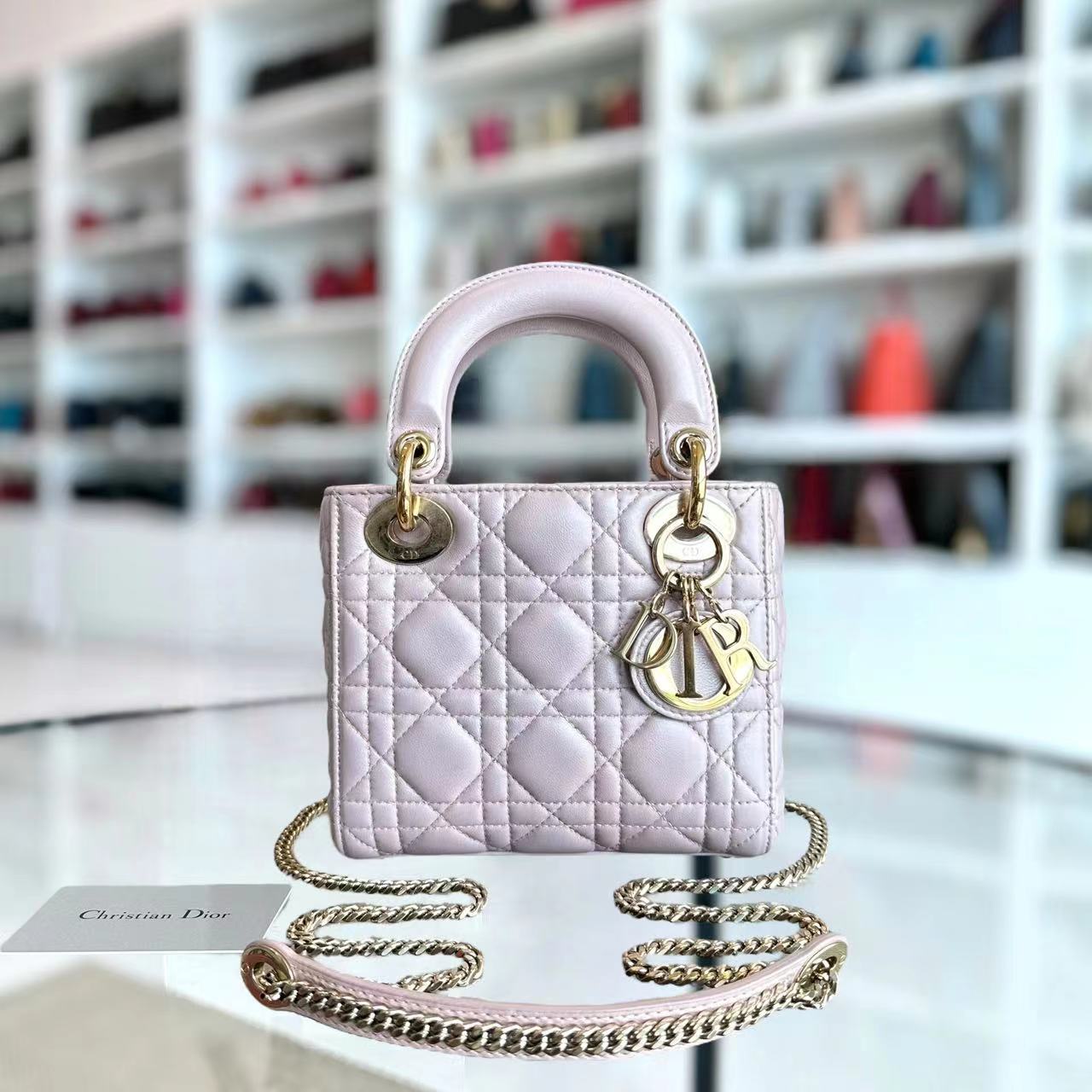 *Chain Version* Dior Lady Mini Cannage Lambskin Iridescent Sakura Pink Golden Hardware - Luxury Evermore