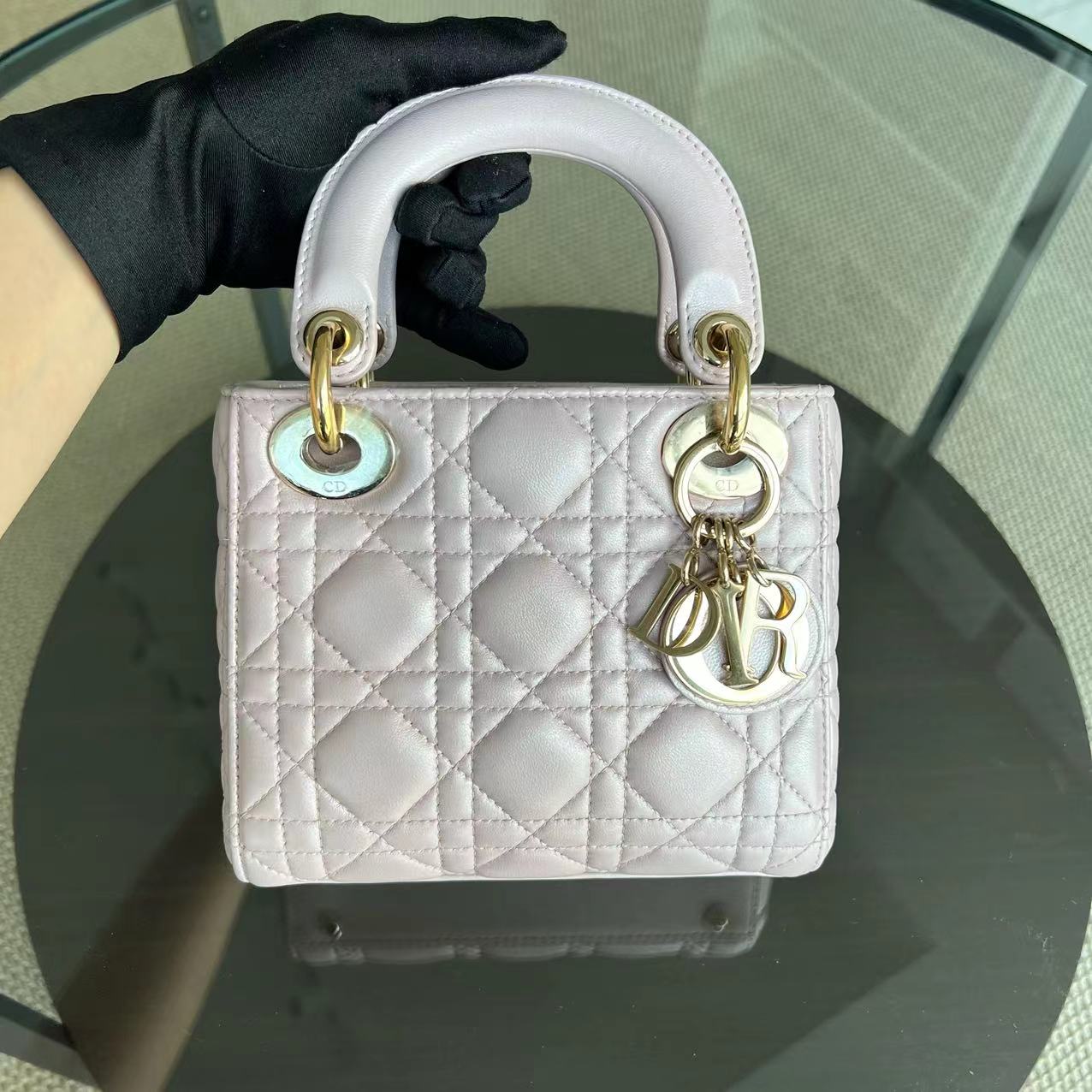 *Chain Version* Dior Lady Mini Cannage Lambskin Iridescent Sakura Pink Golden Hardware - Luxury Evermore