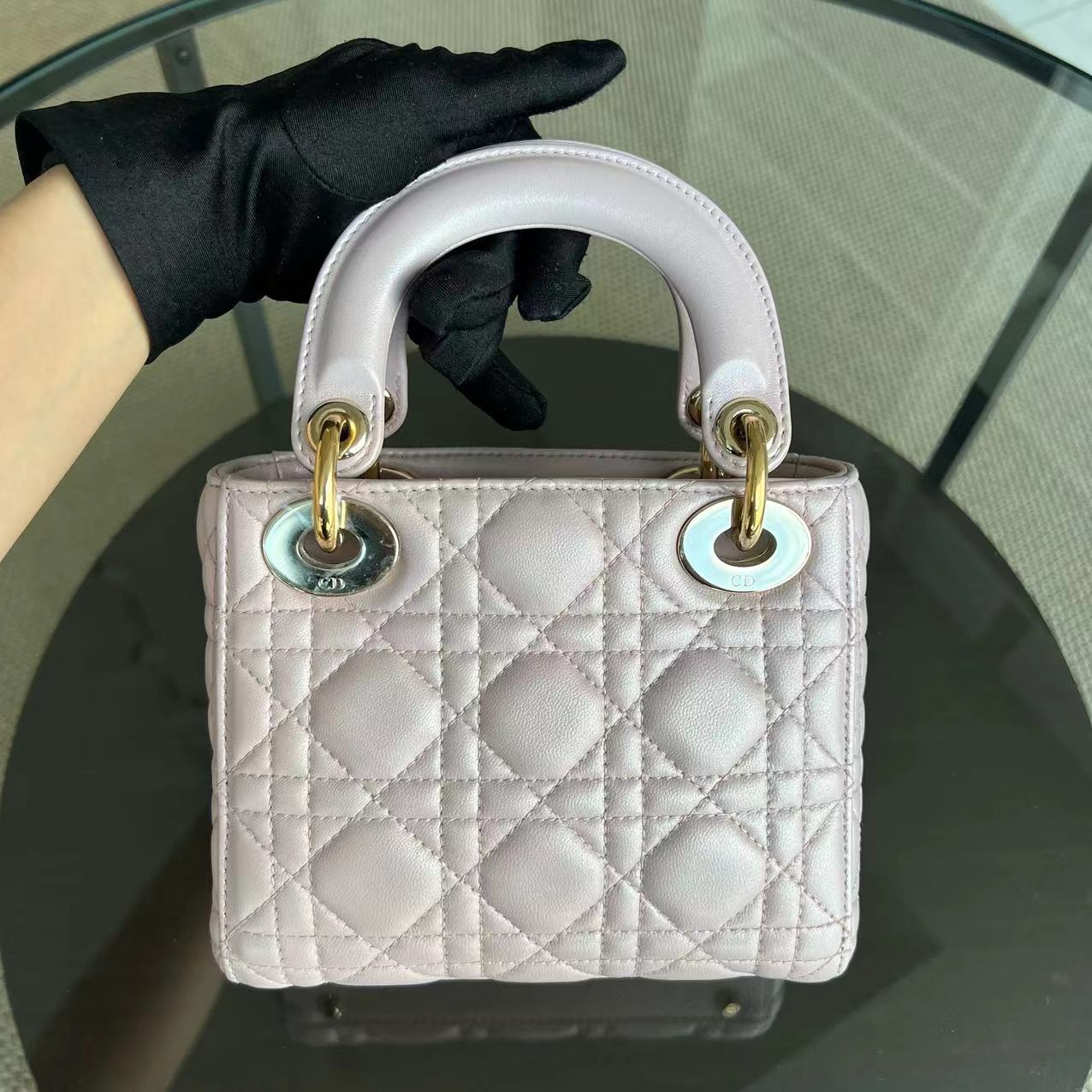 *Chain Version* Dior Lady Mini Cannage Lambskin Iridescent Sakura Pink Golden Hardware - Luxury Evermore