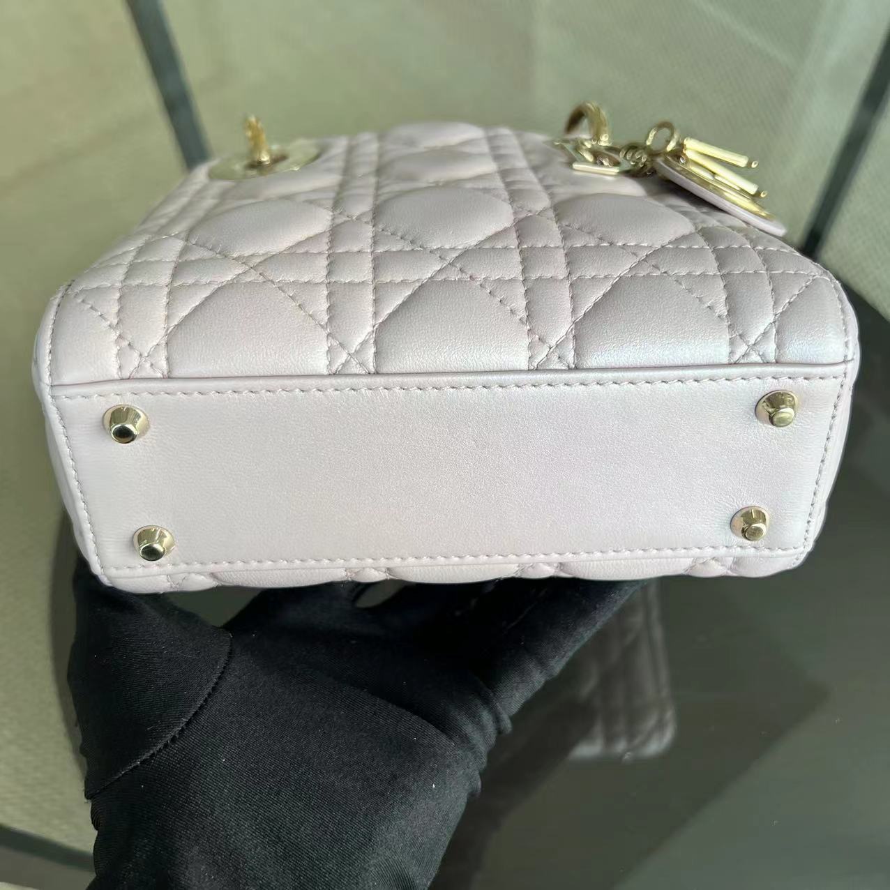 *Chain Version* Dior Lady Mini Cannage Lambskin Iridescent Sakura Pink Golden Hardware - Luxury Evermore