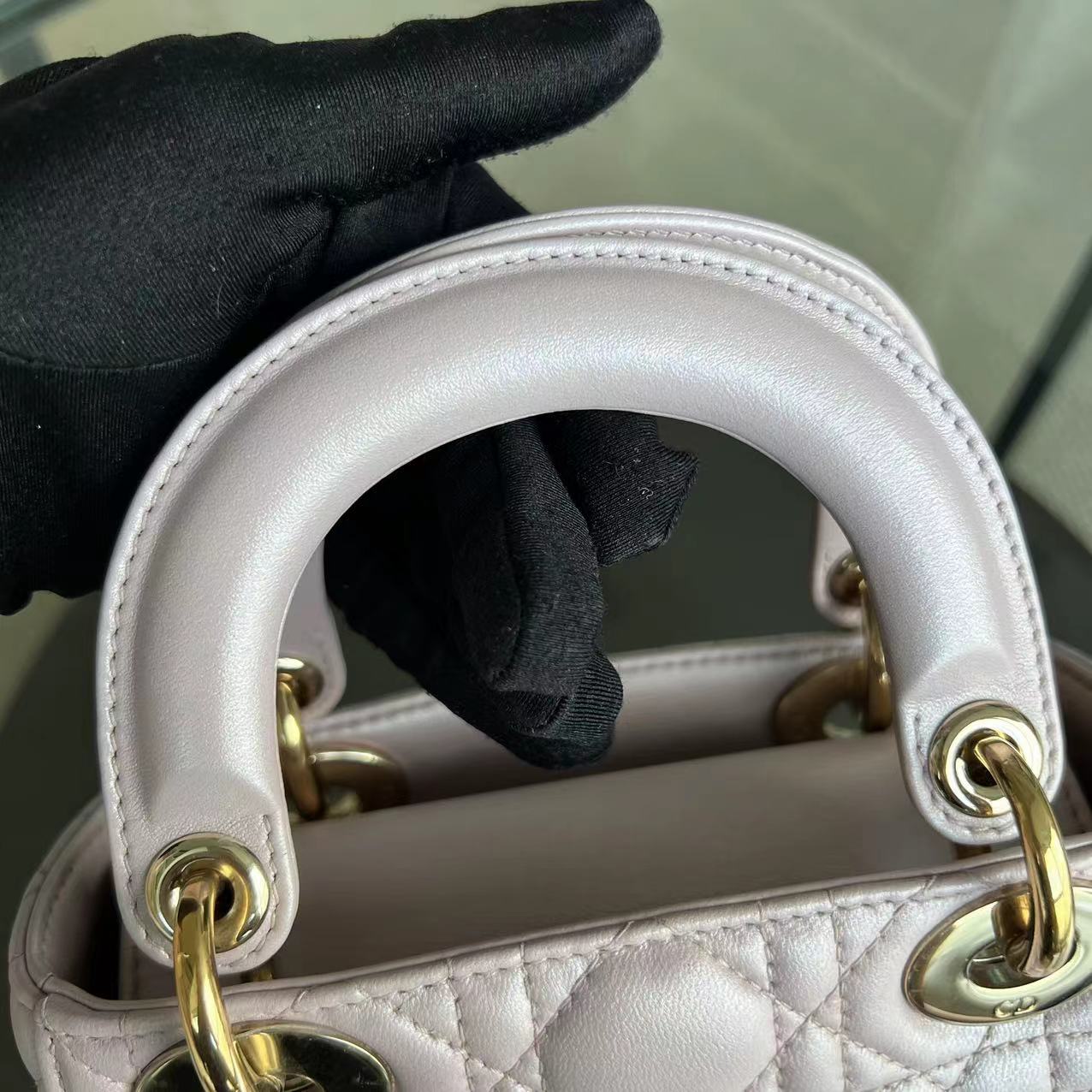 *Chain Version* Dior Lady Mini Cannage Lambskin Iridescent Sakura Pink Golden Hardware - Luxury Evermore