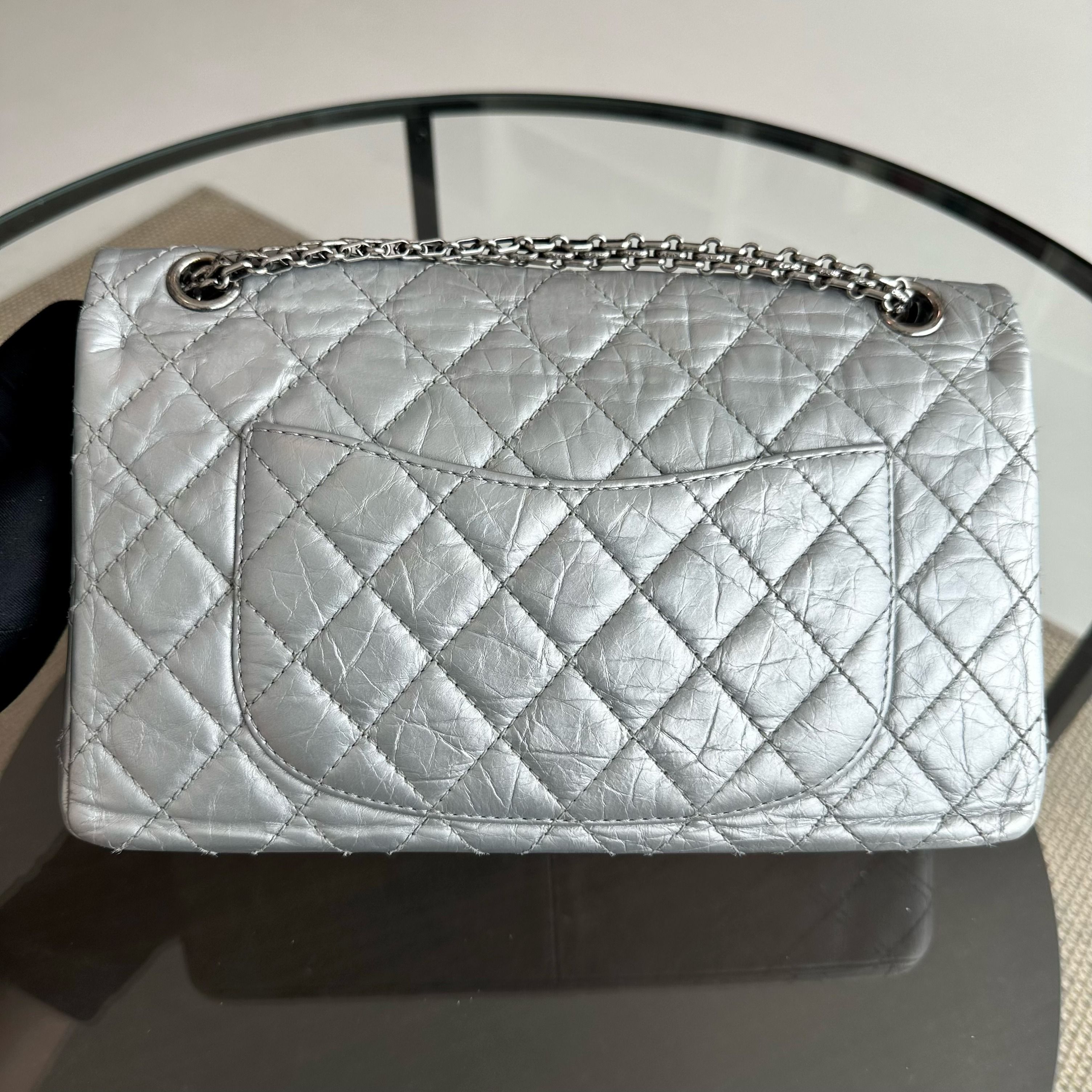 Chanel 2.55 266 Medium 28CM Reissue Double Flap Quilted Aged Calfskin Silver RSHW No 15 - Luxury Evermore