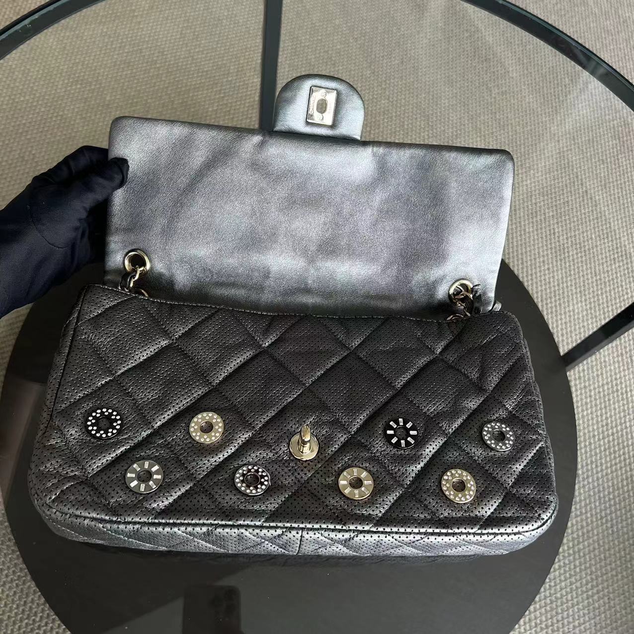 Chanel 2015 Cruise Paris-Dubai Seasonal Flap Perforated Metallic Grey Golden Hardware Series 20 - Luxury Evermore