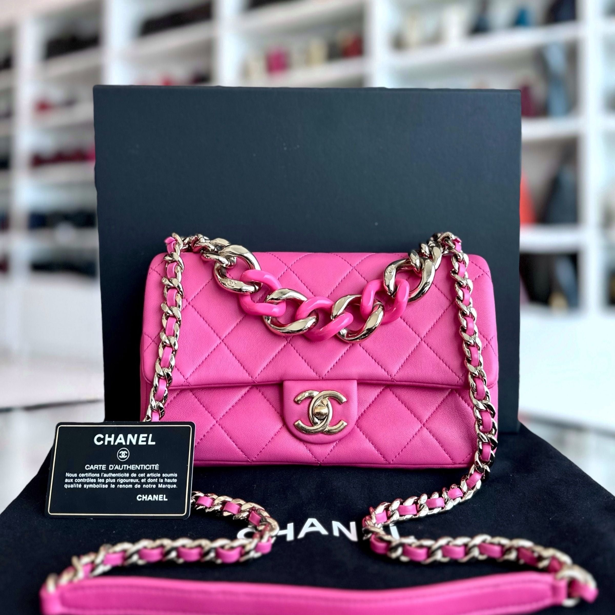 Chanel 2020 Elegant Resin Chain Classic Flap Quilted Lambskin Hot Pink GHW No 29 - Luxury Evermore