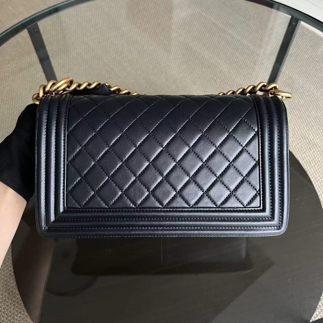 Chanel Black Boy Old Medium 25CM Quilted Lambskin Iridescent Leboy Black GHW No 20 - Luxury Evermore